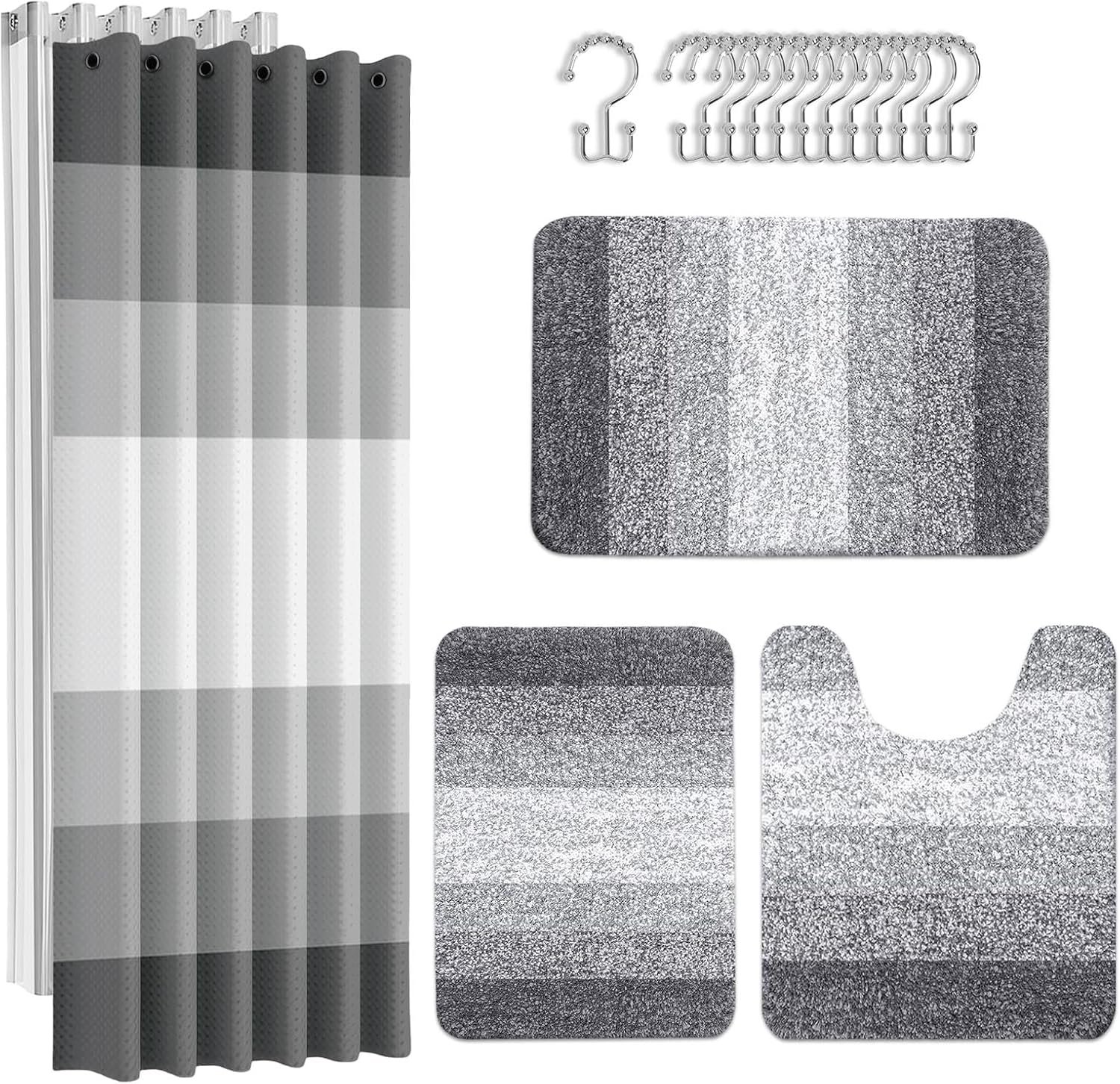 Britimes Grey Stripes Bathroom Sets with Shower Curtain and Rugs, Ombre Modern Minimalist Striped Waterproof Shower Curtain Liner and Soft Non Slip Bath Mat for Bathroom Decor and Accessories Hooks