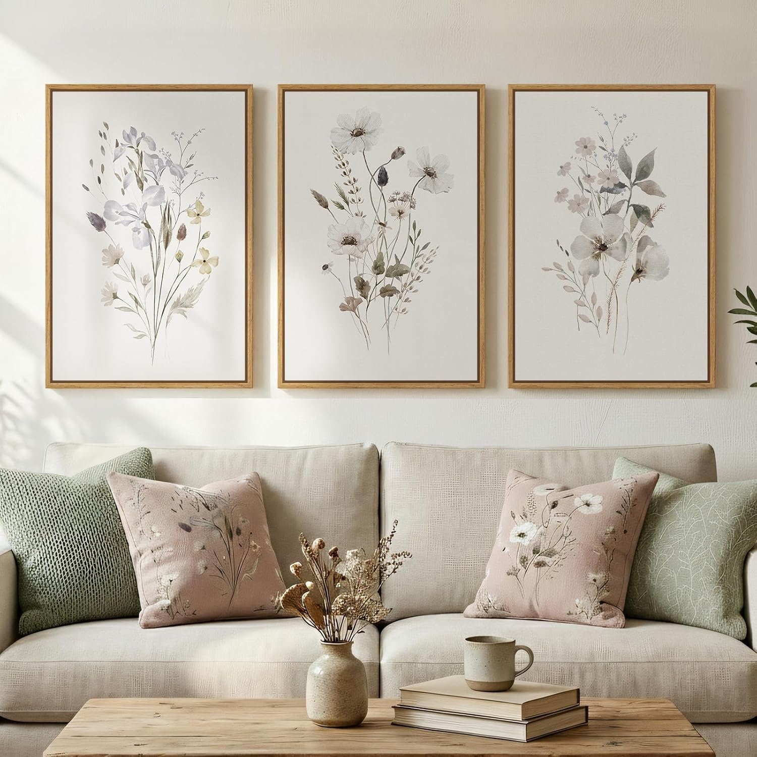 Framed 3 Piece Neutral Floral Botanical Wall Art for Living Room, 16×24 In | Minimalist flower pictures, Wood frame, Canvas Prints, Ready to hang artwork, Wall decor for bedroom dining room hallway