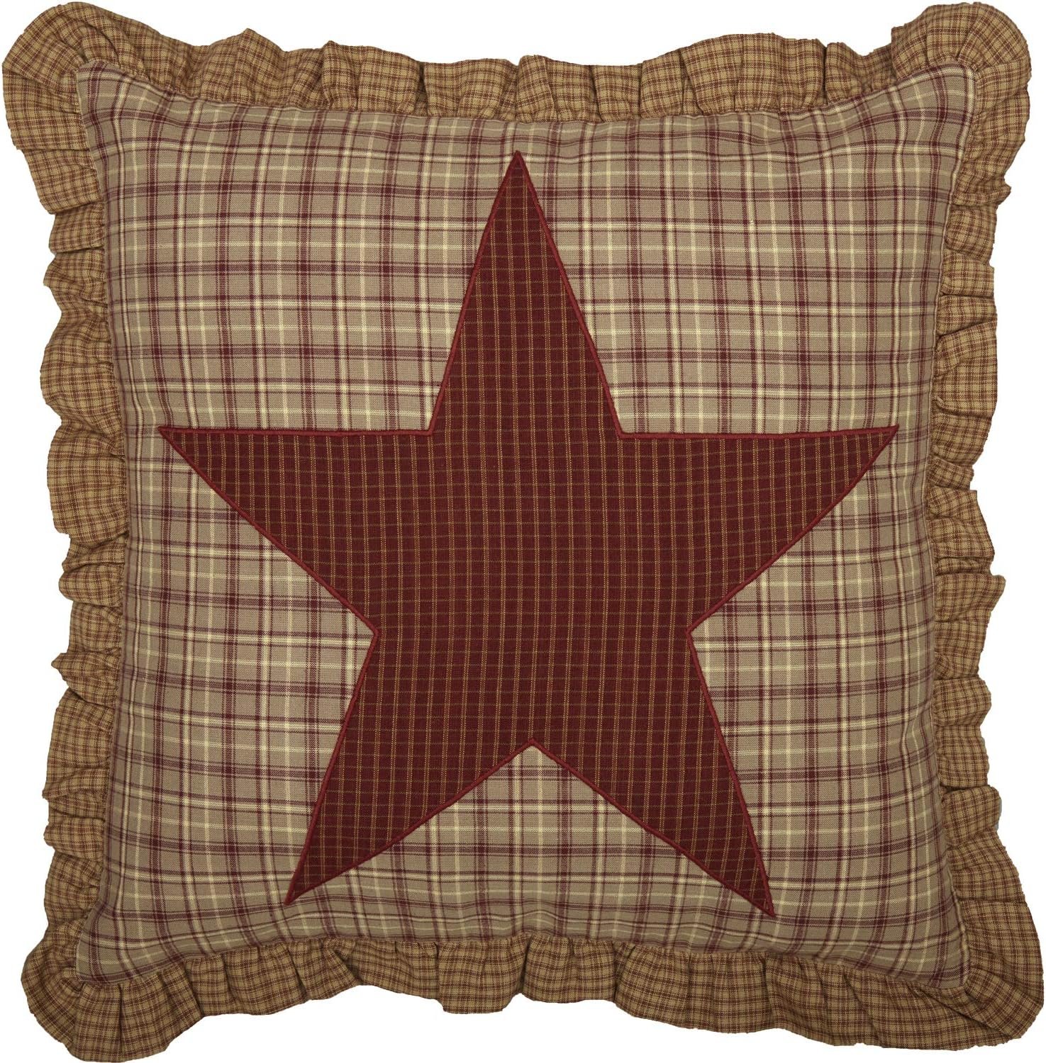 VHC Brands Dawson Star Appliqued Cotton Rustic Farmhouse Bedding Square 18×18 Filled Pillow Ruffled Red