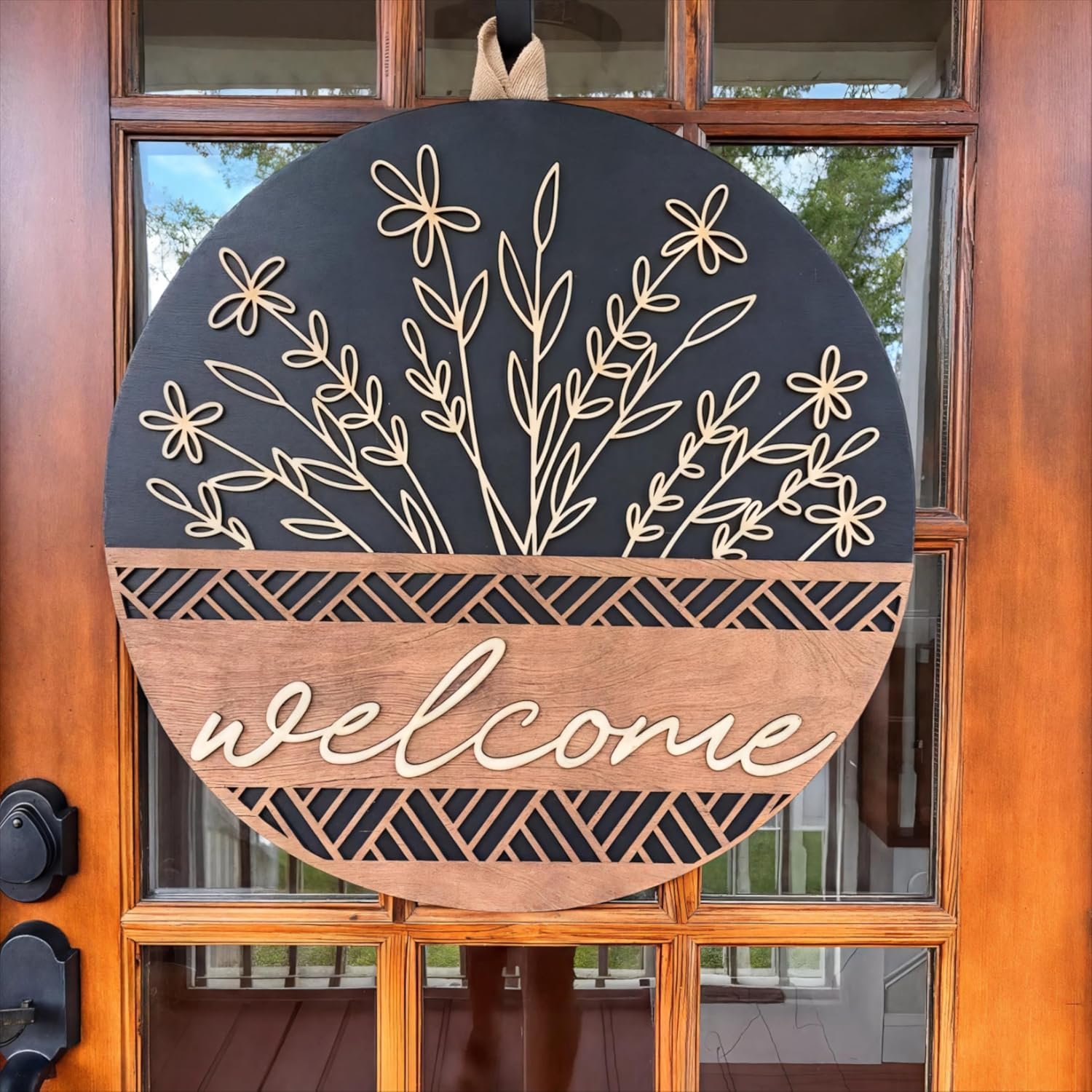 3D Welcome Sign for Front Door, Rustic Round Wood Wreaths Wall Hanging Modern Farmhouse Decor, House Warming Gifts New Home, Porch Fence Decorations for Spring Summer Fall All Seasons Holiday Outdoor