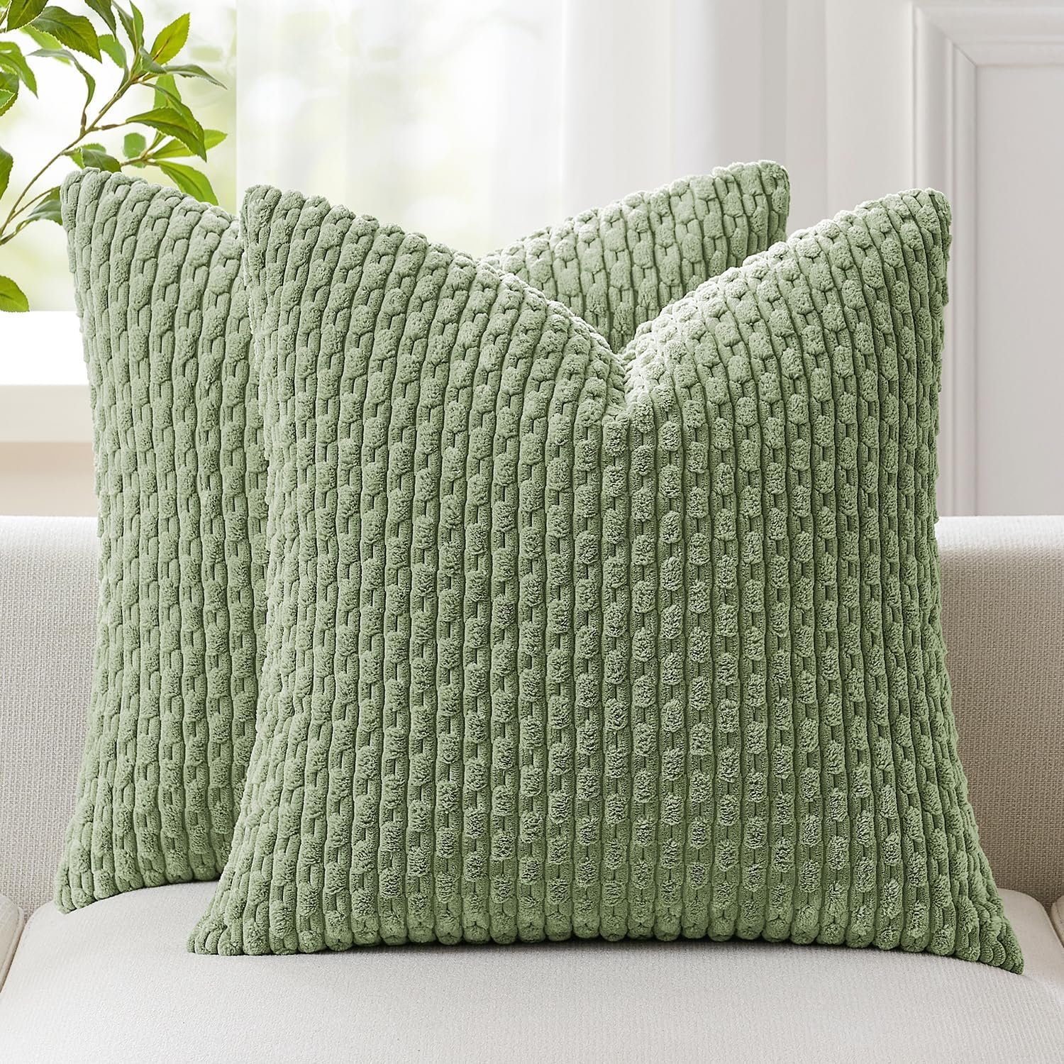 Kevin Textile Soft Corduroy 18×18 Inch Pillow Covers 2 Pack, Sage Green | Boho Stripe Plush Corduroy Decorative Throw Cushion Pillow Cases Modern Farmhouse Home Decor for Sofa Couch Bed