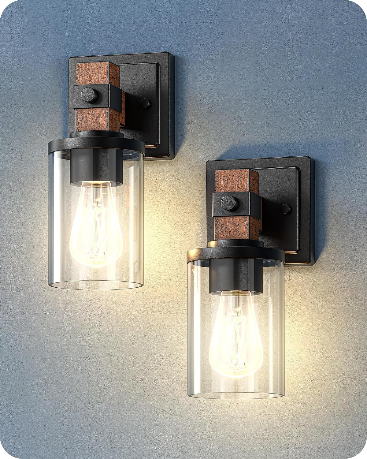 EDISHINE Wall Sconces Set of 2, Farmhouse Vanity Lights Fixtures for Bathroom, 1-Light Faux Wood Rustic Bath Wall Mount Lamp with Clear Glass Shade for Hallway, Living Room, Mirror, Kitchen | 1-Light, Clear Glass Shade, Faux Wood Rustic Wall Mount Lamp for Hallway, Living Room, Mirror, Kitchen