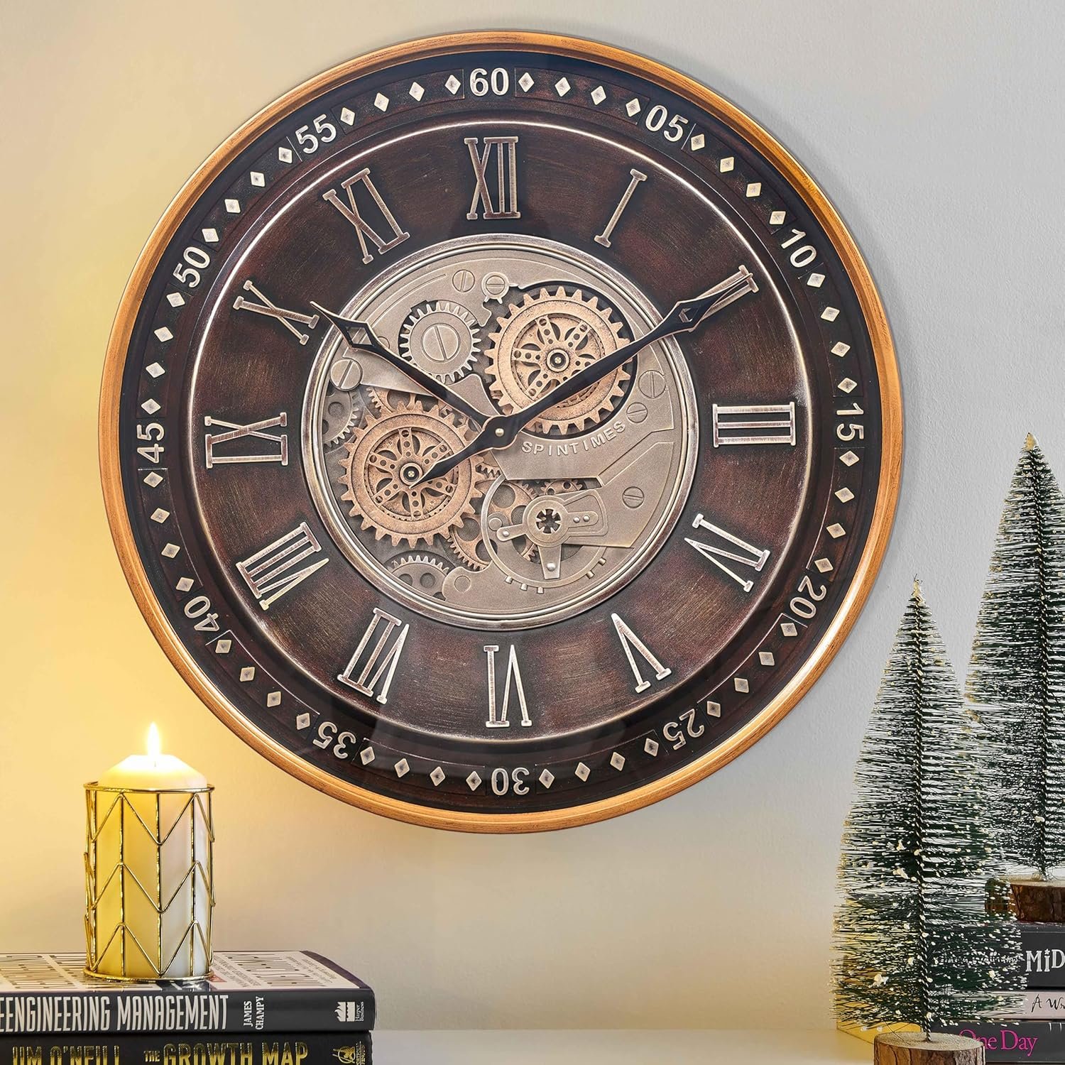 CLXEAST 24 Inch Large Moving Gear Wall Clock for Living Room Decor,Bronze | Durable Metal Case,SIilent Non Ticking, Oversized Industrial Roman Numeral Wall Clocks for Dinning Room & Home Office