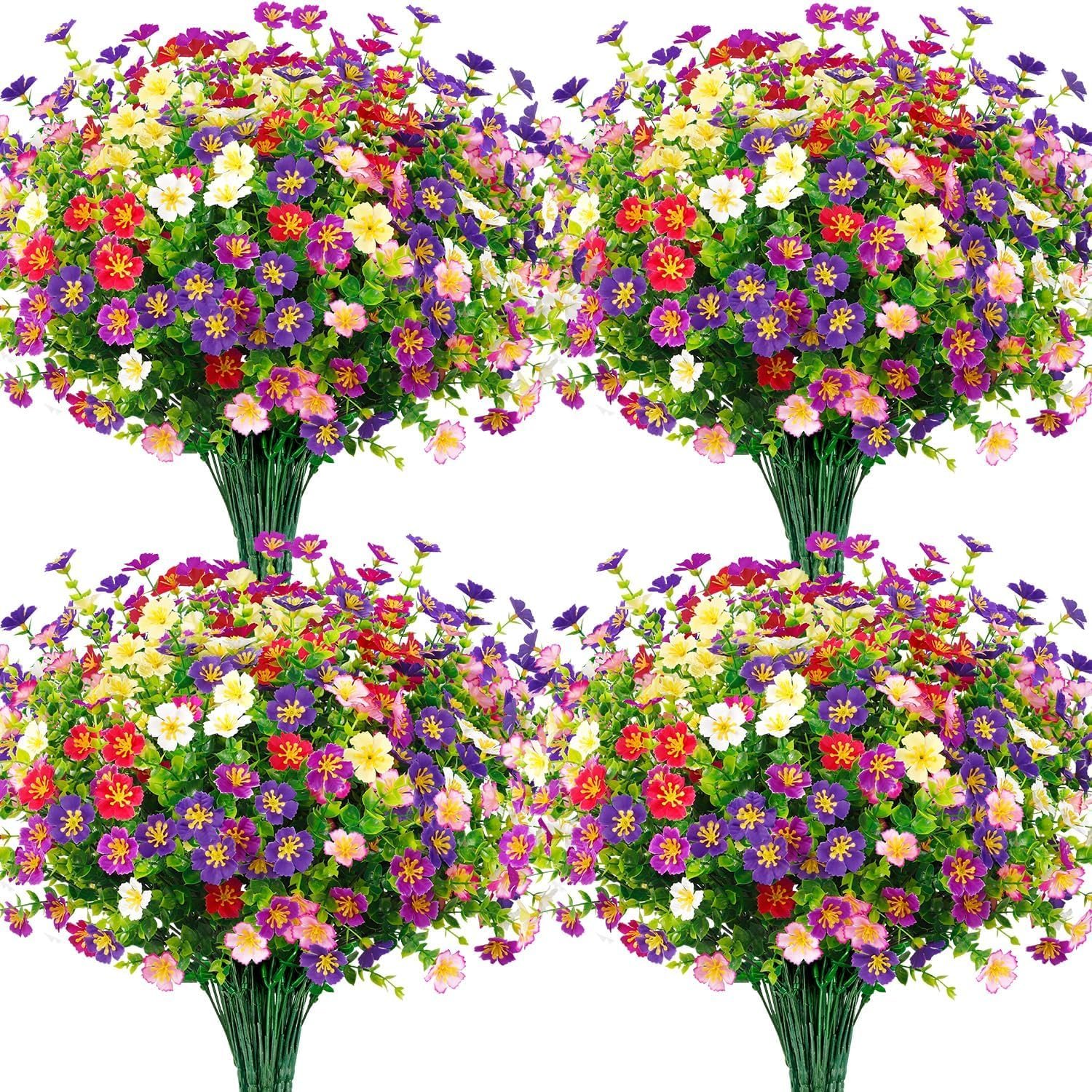 24 Bundles Artificial Silk Flowers for Outdoors, Mixed Color | Realistic fake plants, faux greenery, UV resistant, indoor outside garden porch window box planter office table home decor