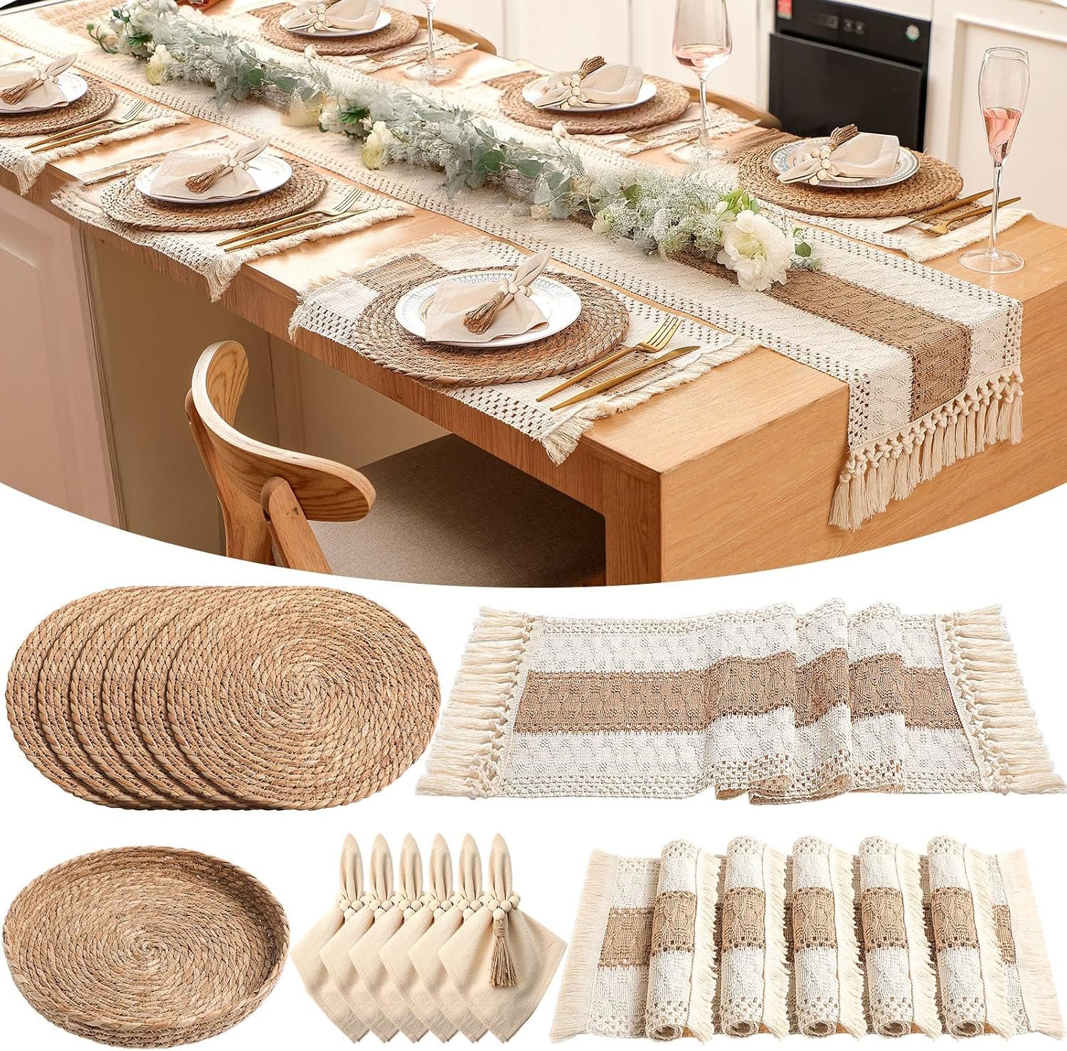 6 Sets Boho Decoration Placemats Round Woven Placemats, Cloth Napkins, Wood Bead Napkin Rings, Long Table Runner and Farmhouse Burlap Cotton for Table Kitchen (Khaki,12×72)