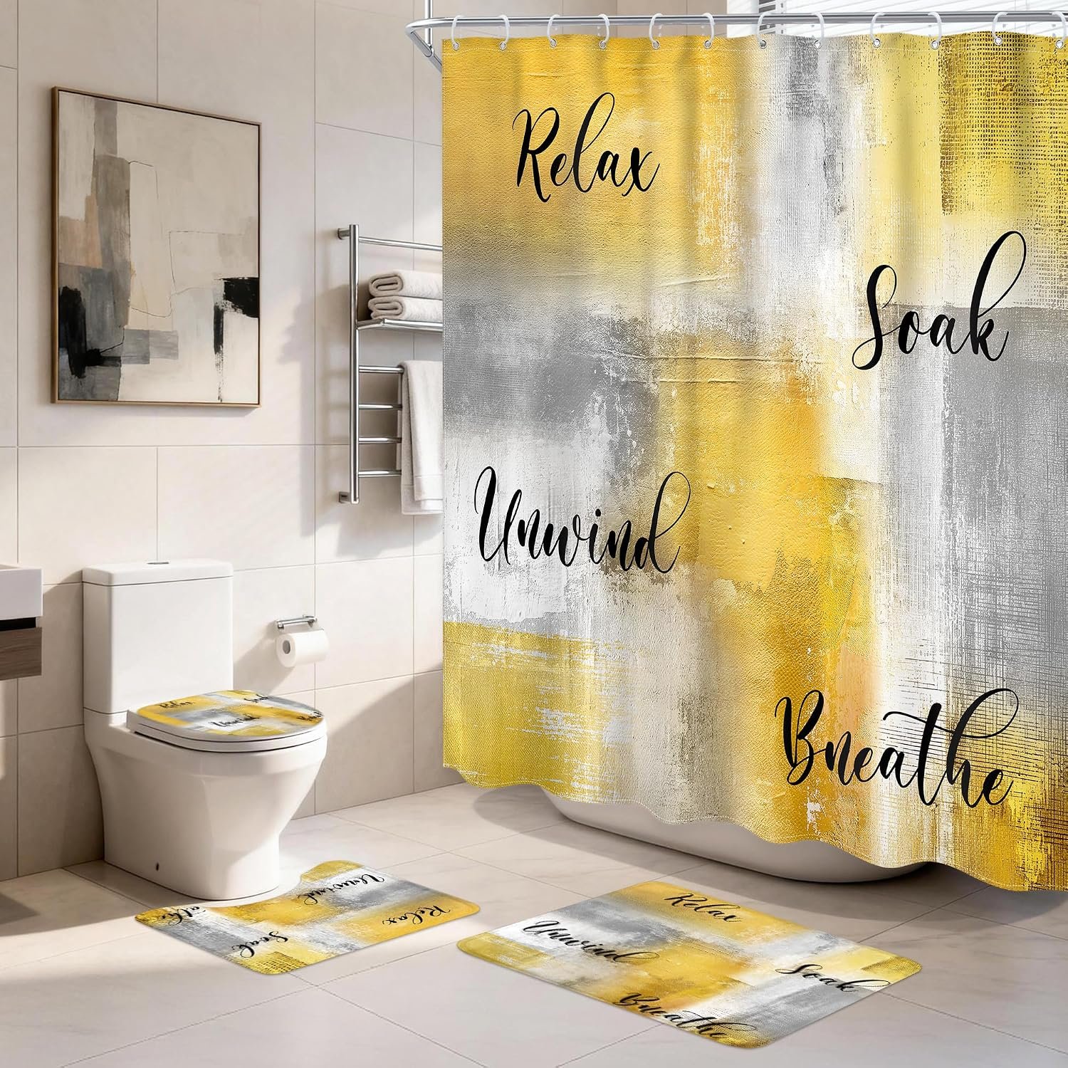 Yellow Shower Curtain Set Modern Abstract Grey Bathroom Sets | 4pc 72Wx72H Inch Oil Print Shower Curtain Complete Bathroom Sets Toilet Lid Cover Nonslip U Shape Mat