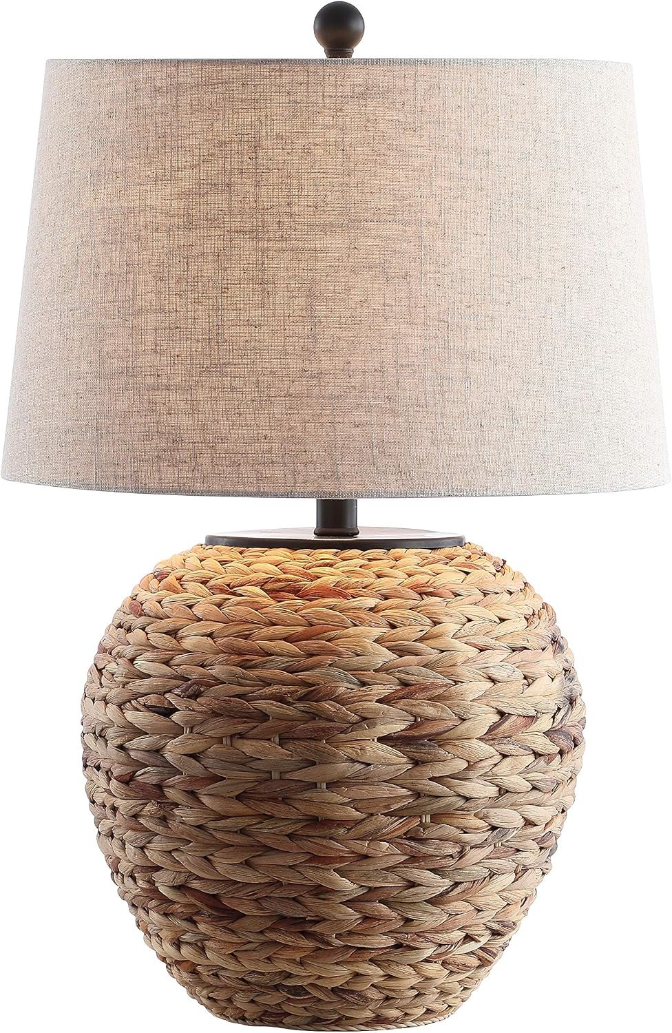 JONATHAN Y Alaro Table Lamp Woven Water Hyacinth Basket 24.5″, Natural | Farmhouse Coastal Decor, Light Gray Linen Drum Shade, Metal Frame, LED Bulb Included, Rotary Switch, UL Listed
