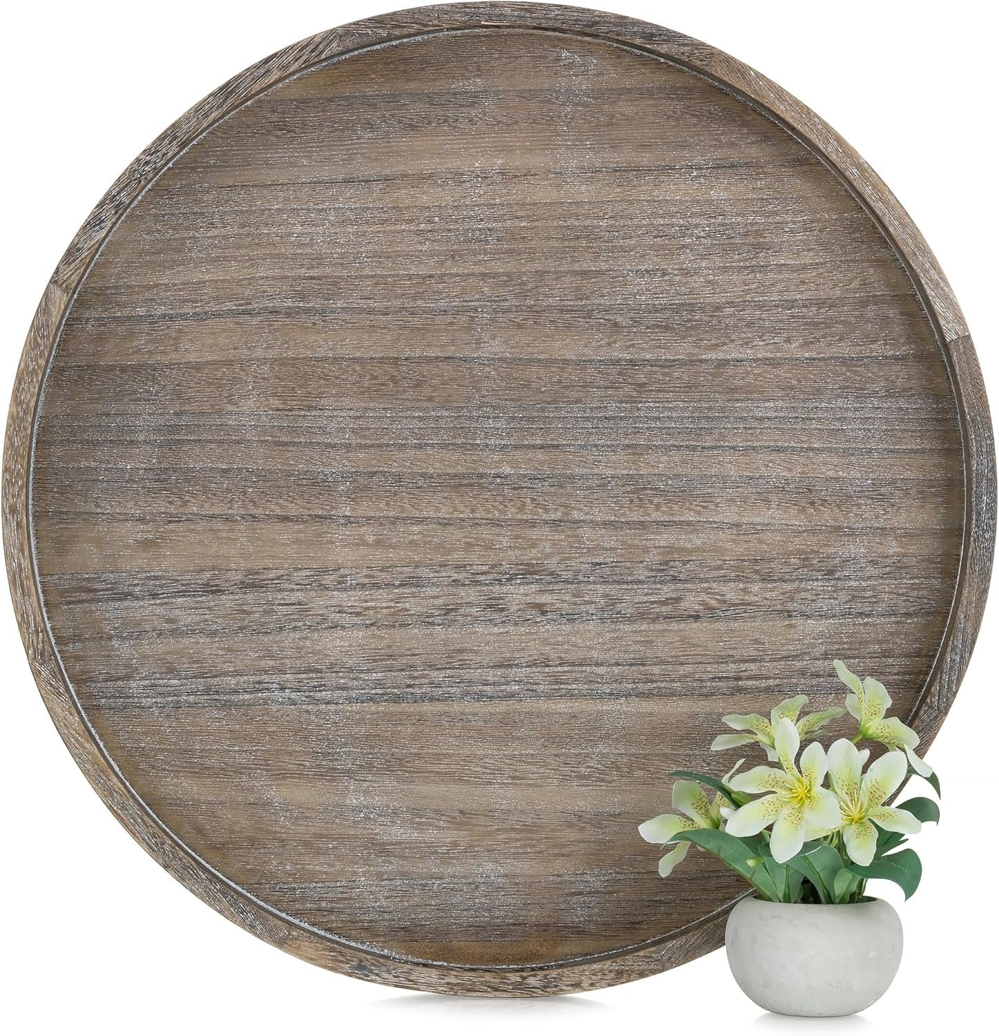 Hanobe Wood Decorative Ottoman Tray for Living Room with Handles, 22″ | Large Coffee Table Tray Farmhouse Rustic Round Topper for Home Decor