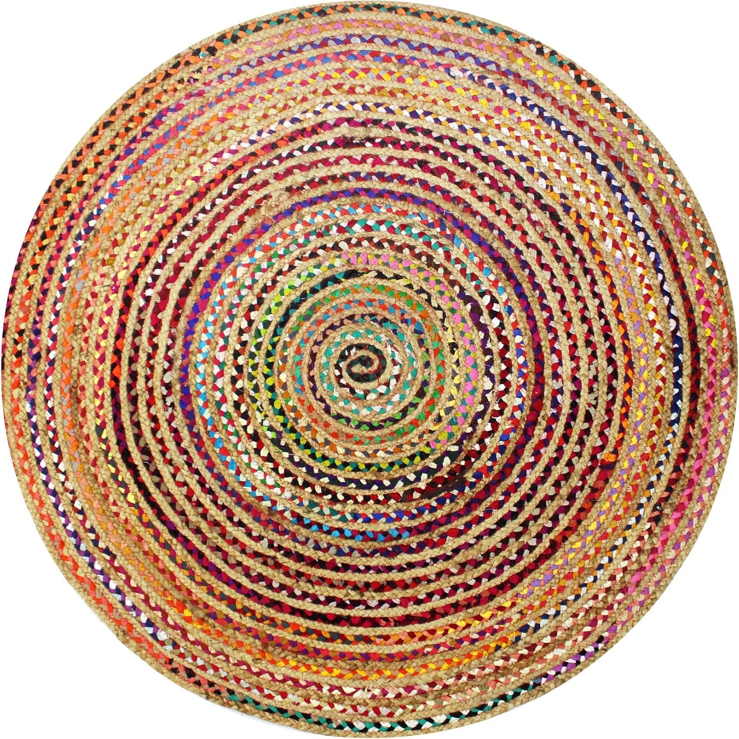 Cotton Craft Jute & Cotton Multi Chindi Braid Rug, Hand Woven Reversible, 4-Feet, Colors may Vary | Handwoven Reversible Jute & Natural Recycled Cotton Boho Farmhouse Rustic Area Accent Throw Rug – Living Room Home Décor
