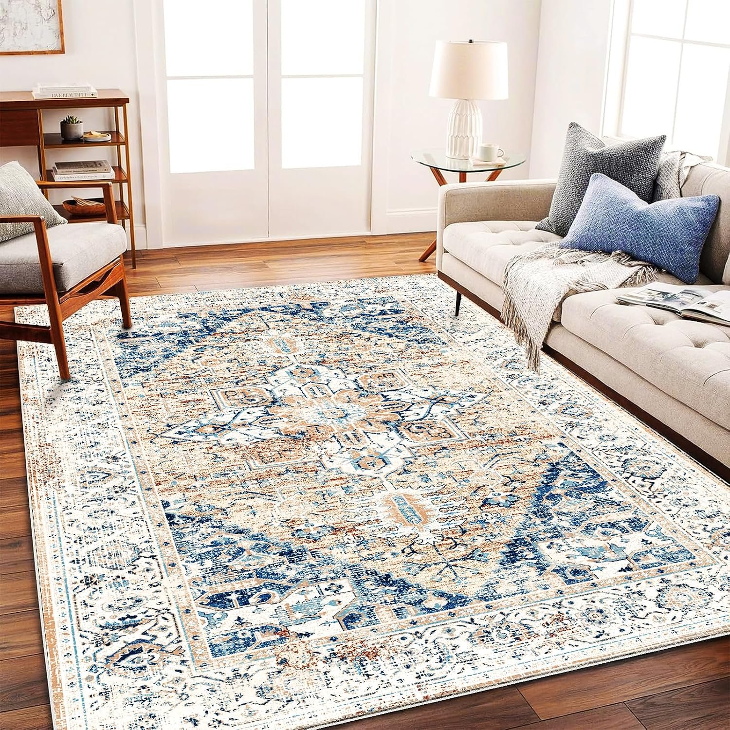 CHAMPLANT Washable Area Rug 5×7 for Living Room Retro Boho Chic Medallion Distressed Design Indoor Non-Slip Large Oriental Accent Throw Rug for Kitchen Bedroom Office Carpet
