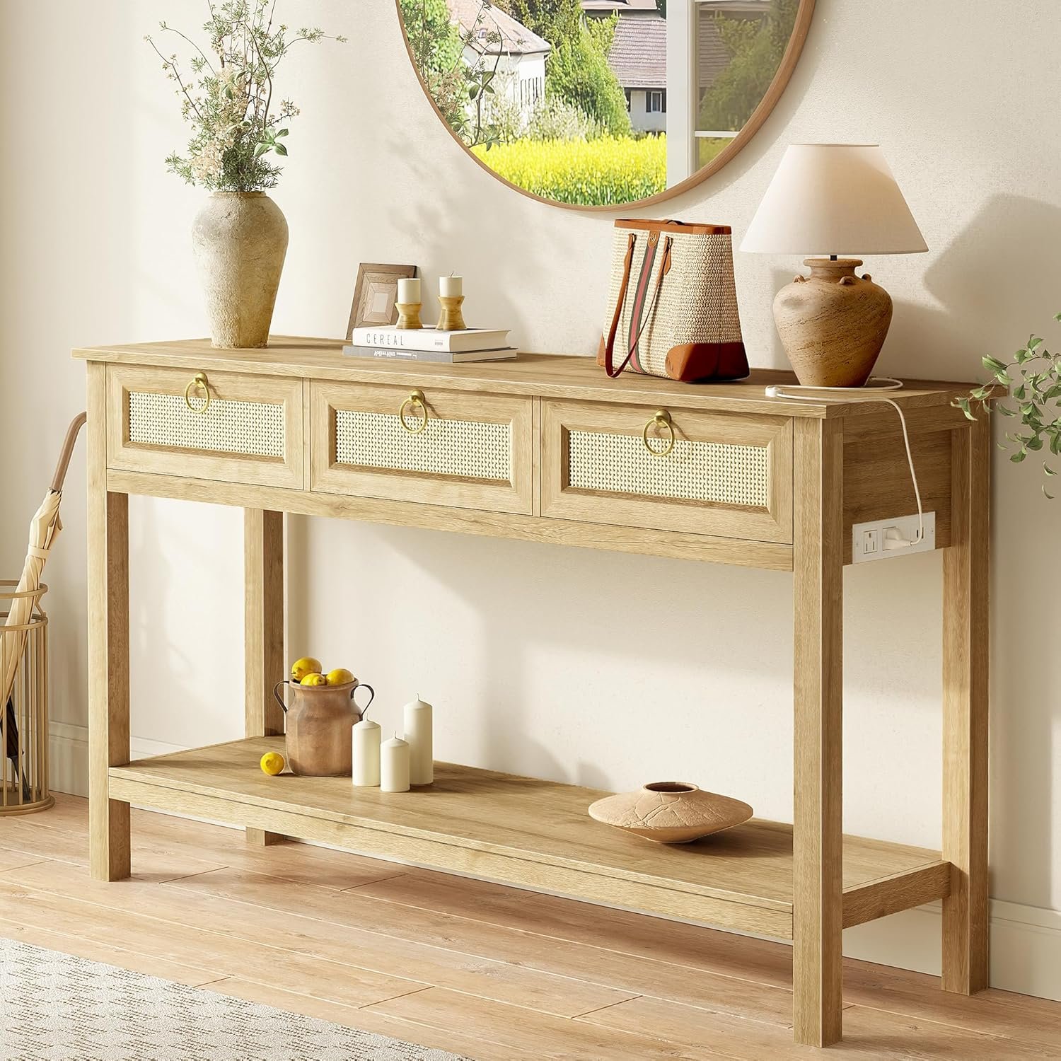 SUPERJARE Rattan Console Sofa Table with Outlets, USB-C Port and 3 Drawers | Entryway Table with Synthetic Rattan Surface, Open Shelf, Behind Couch Entry Foyer Hallway Storage, Natural