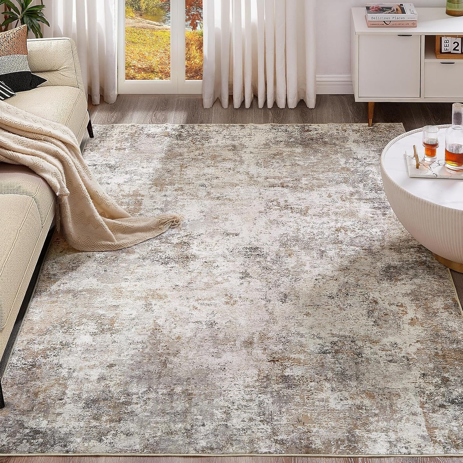 UERMEI 9×12 Area Rug Living Room Rugs – Washable Neutral Modern Abstract Soft Thin Large Rug Indoor Floor No Slip Rug Carpet for Bedroom Under Dining Table Home Office Decor – Brown Grey