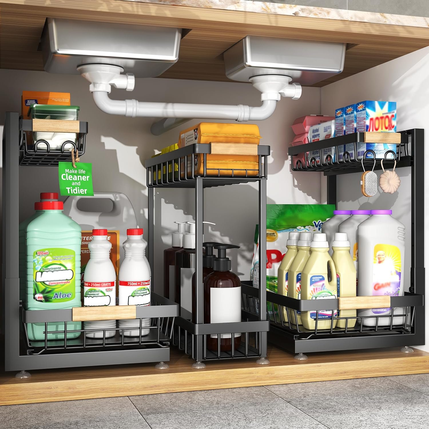 Sevenblue 3-Pack 2-Tier Height Adjustable Under Sink Organizer, Black | Multi-purpose metal storage shelf with sliding shelves for kitchen, bathroom, pantry & laundry cabinet