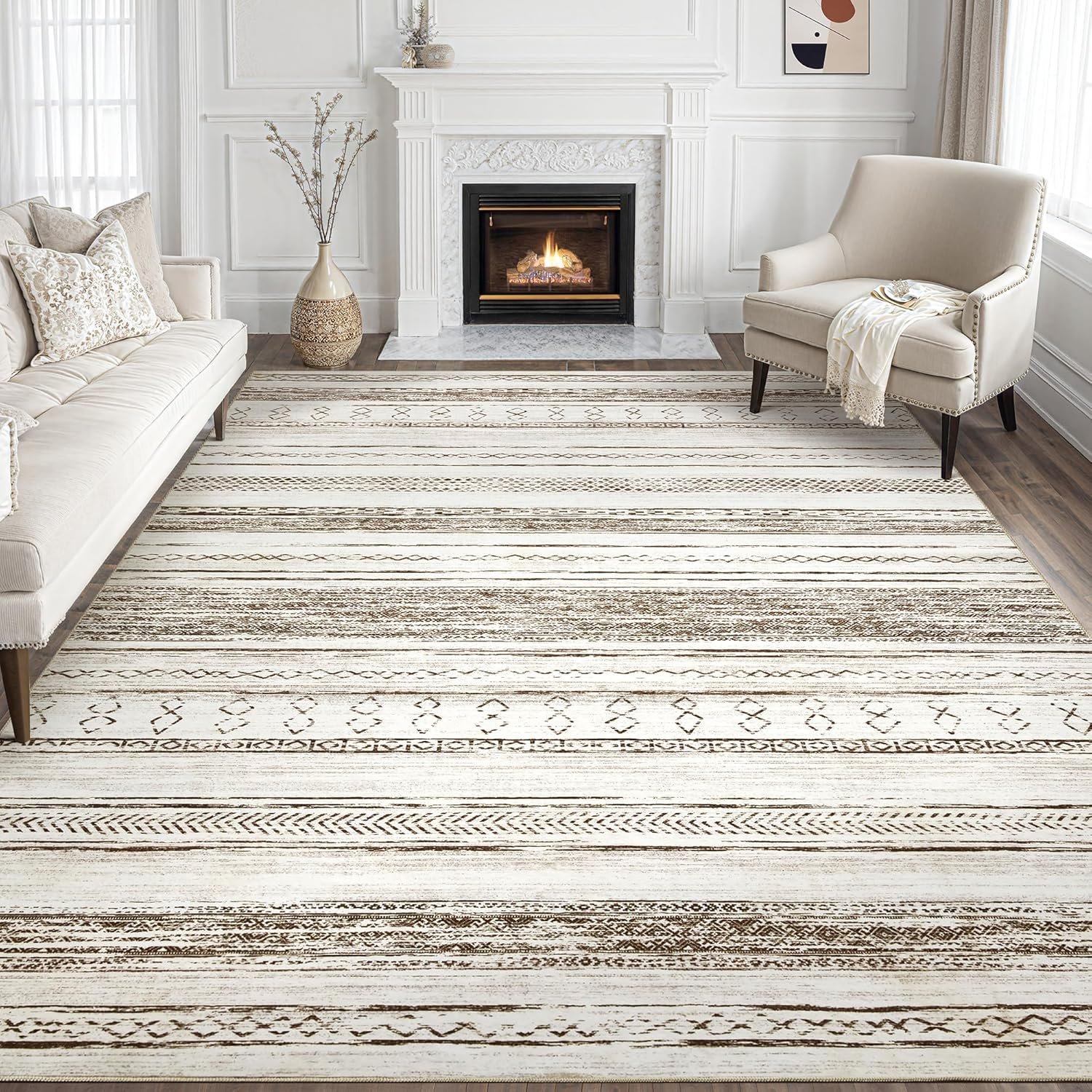 Tortania Area Rug Living Room Rugs – 8×10 Washable Large Soft Neutral Boho Moroccan Bohemian Farmhouse Rug Indoor Floor Carpet for Bedroom Under Dining Table Home Office Decor – Cream Brown