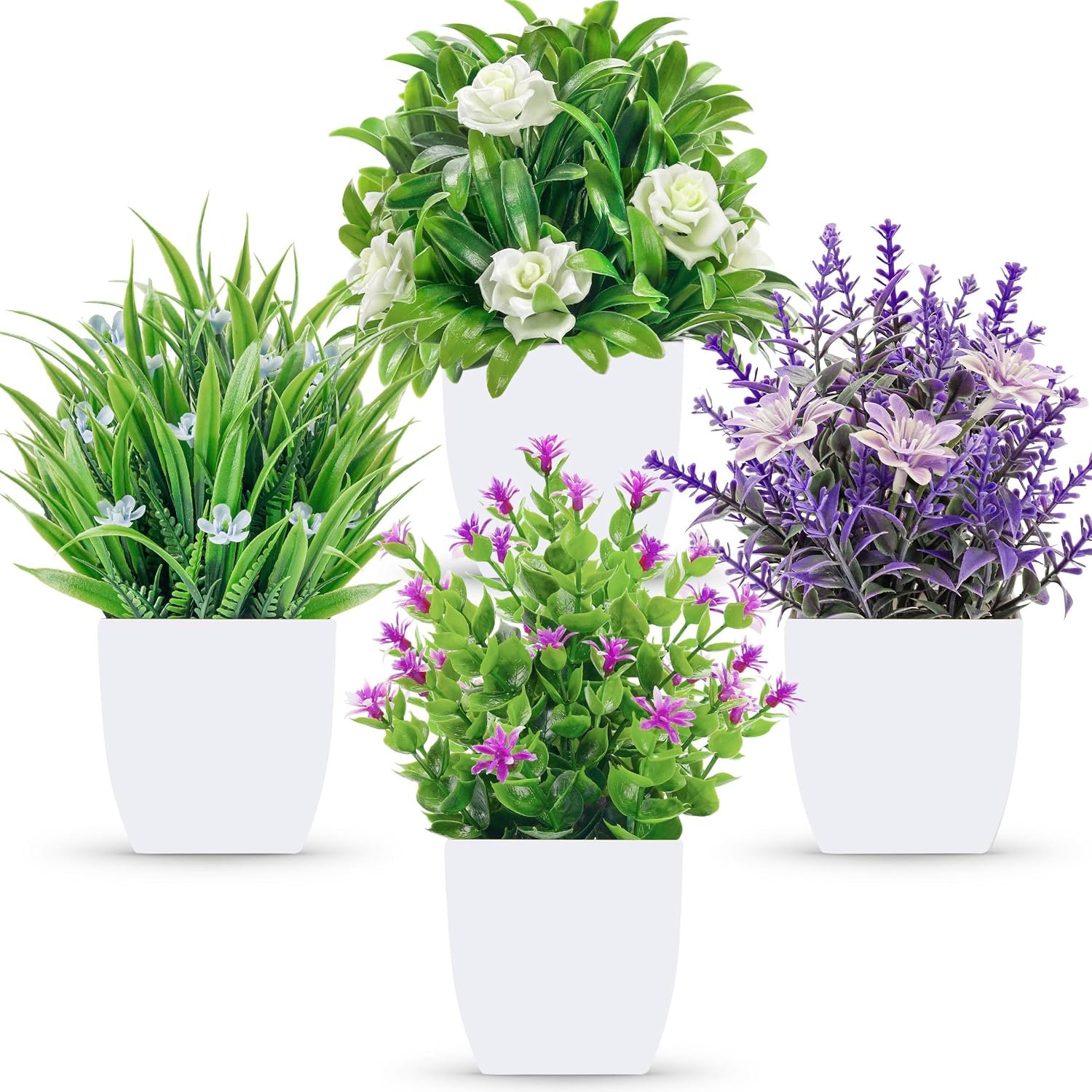 Der Rose 4 Pack Fake Flowers Fake Plants for Spring Office Desk Decor | UV-resistant, weather and fade-resistant, cute plants for desk bathroom bedroom kitchen office decor, fresh year-round