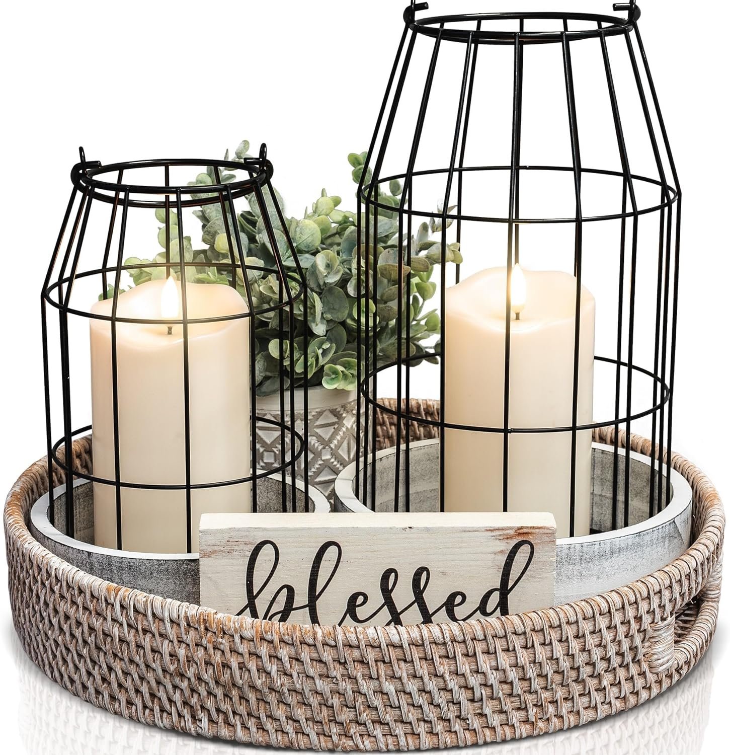 Rustic Farmhouse Lantern Decor Set of 2 – Stylish Decorative Lanterns for Your Living Room, Patio & Porch or Kitchen Dining Table – Modern Indoor/Outdoor Coffee Table Decor for Your Entire Home