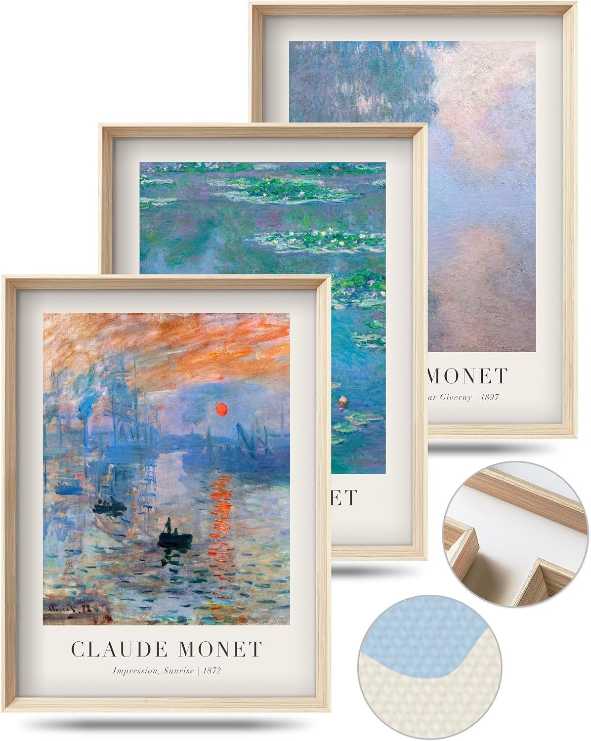 HesenDot Framed Wall Art,Claude Monet Water Lilies Vintage Canvas Prints | 16x12IN Set of 3,High Framed Design Canvas Prints,Impressionist Botanical Art,Wall Decor for Living Room Bedroom Bathroom