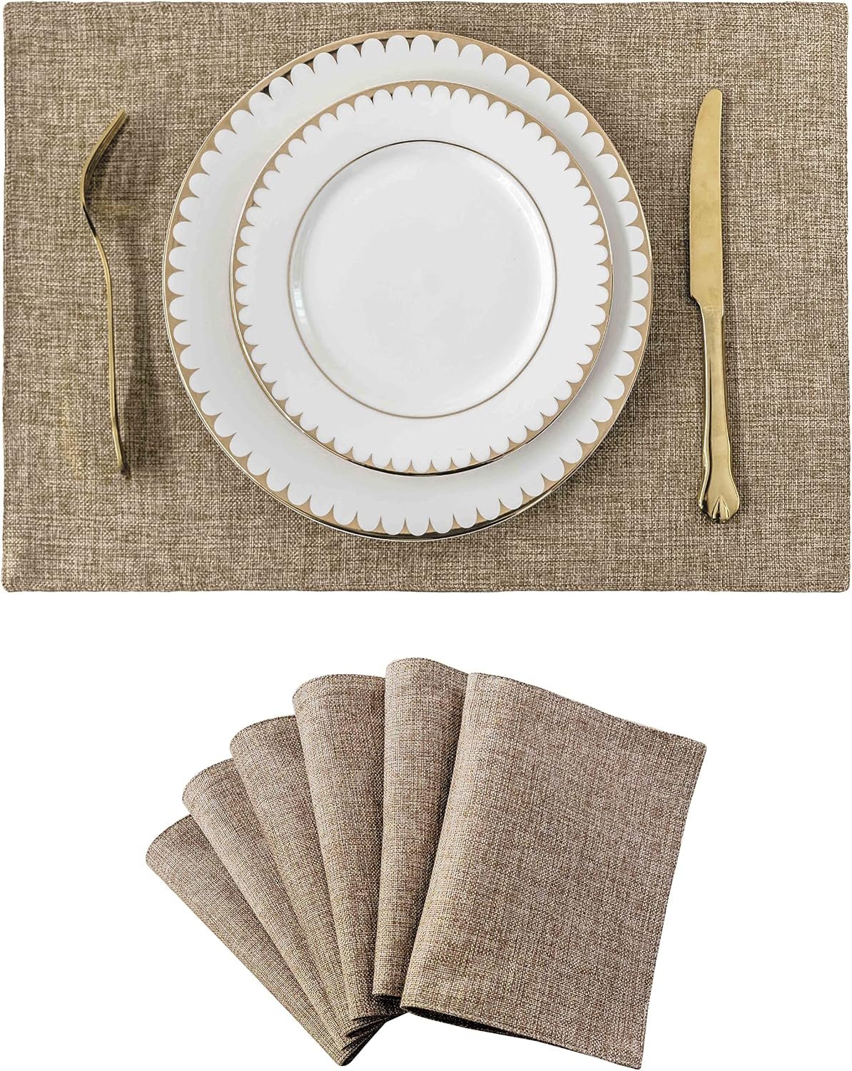 Home Brilliant Cotton Linen Placemats Set of 6 Heat Resistant Textured Place mats Washable Cloth Placemats for Kitchen Dining Table, Natural Linen