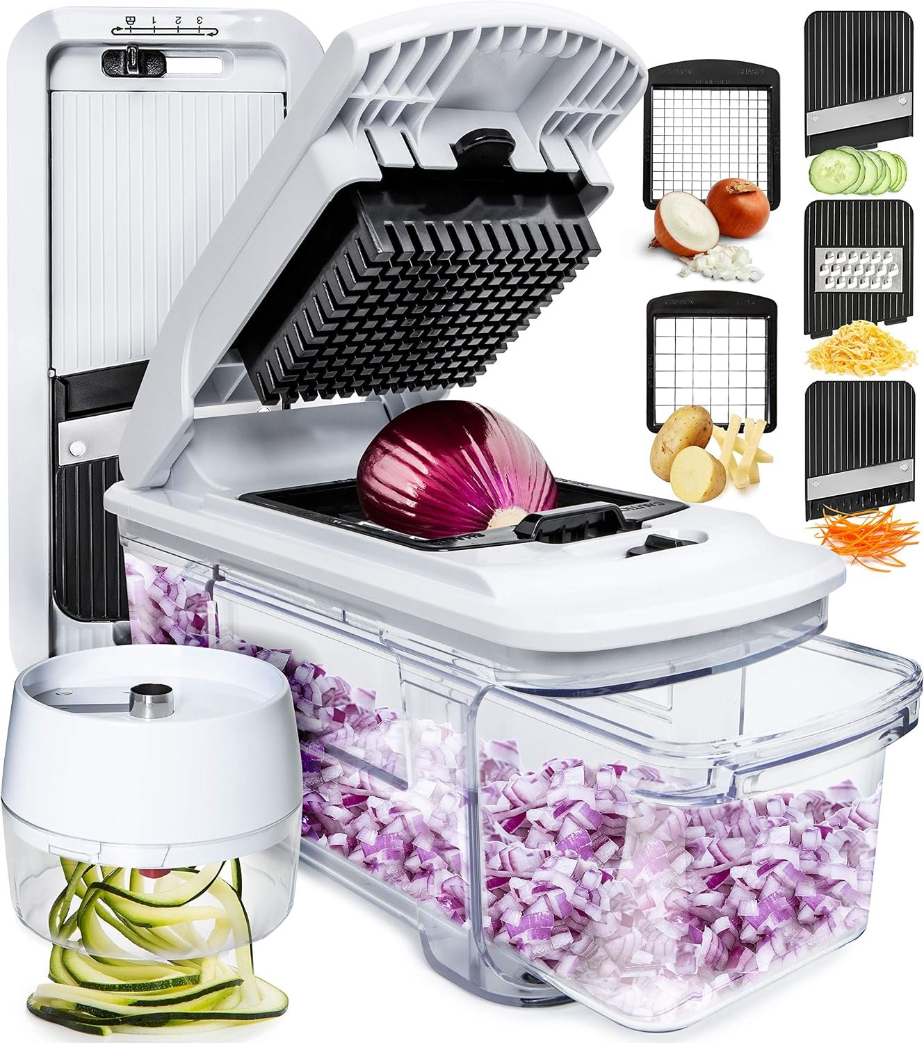 Fullstar Pro XL Vegetable Chopper & Mandoline Slicer w Pull-Out Catch Tray | 4 in 1 Veggie, Onion & Fruit Slicer, Dicer & Grater with Sharp Stainless Steel Blades – XL Food Prep Set (White)