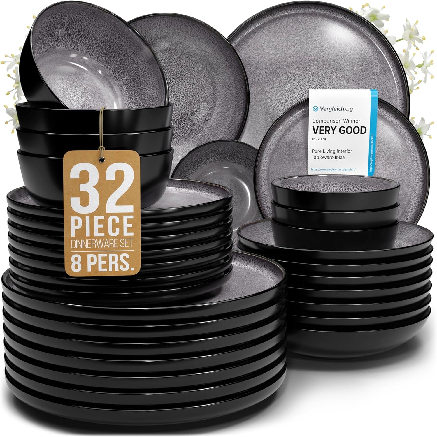 32 Piece Stoneware Dinnerware Set for 8 – Handmade Reactive Glaze Plates and Bowls Set – Chip & Scratch Resistant Dish Set – Dishwasher Microwave Safe – Dark Gray