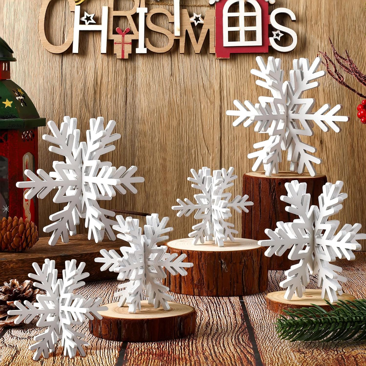 Bucherry 12 Pcs Wooden Snowflake Table Decor 3D Snowflake Tabletop Signs and Centerpiece for Frozen Party Christmas Xmas Winter Wonderland Decorations Home Office Mantel(White)