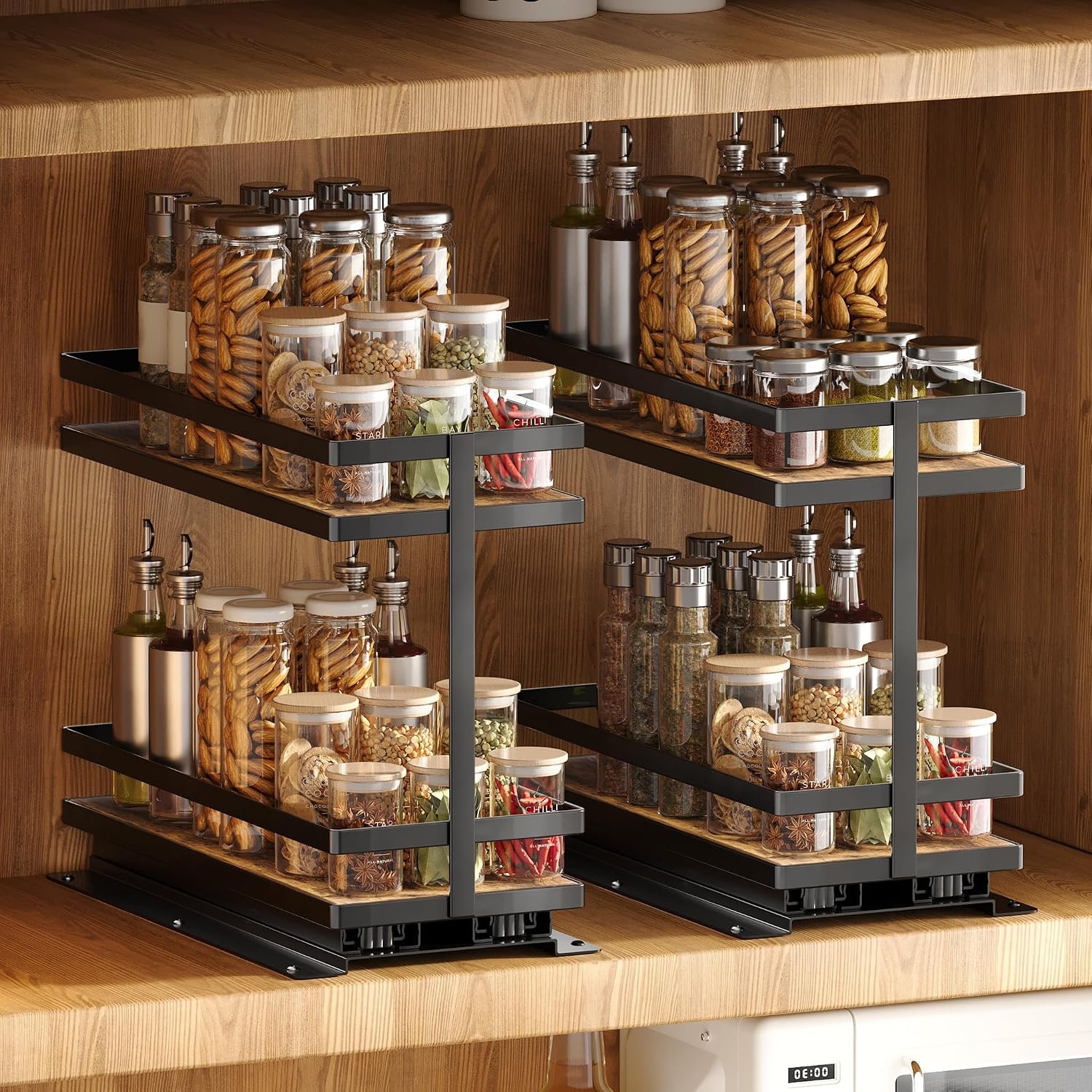 Pull Out Spice Rack 2Pcs Metal & Wood Seasoning Organizer Black | No-Drill Install | Full-Extension Silent Glide | Each Tier Holds 10–12 Standard Spice Bottles | Rustproof, Wipe-Clean Surface