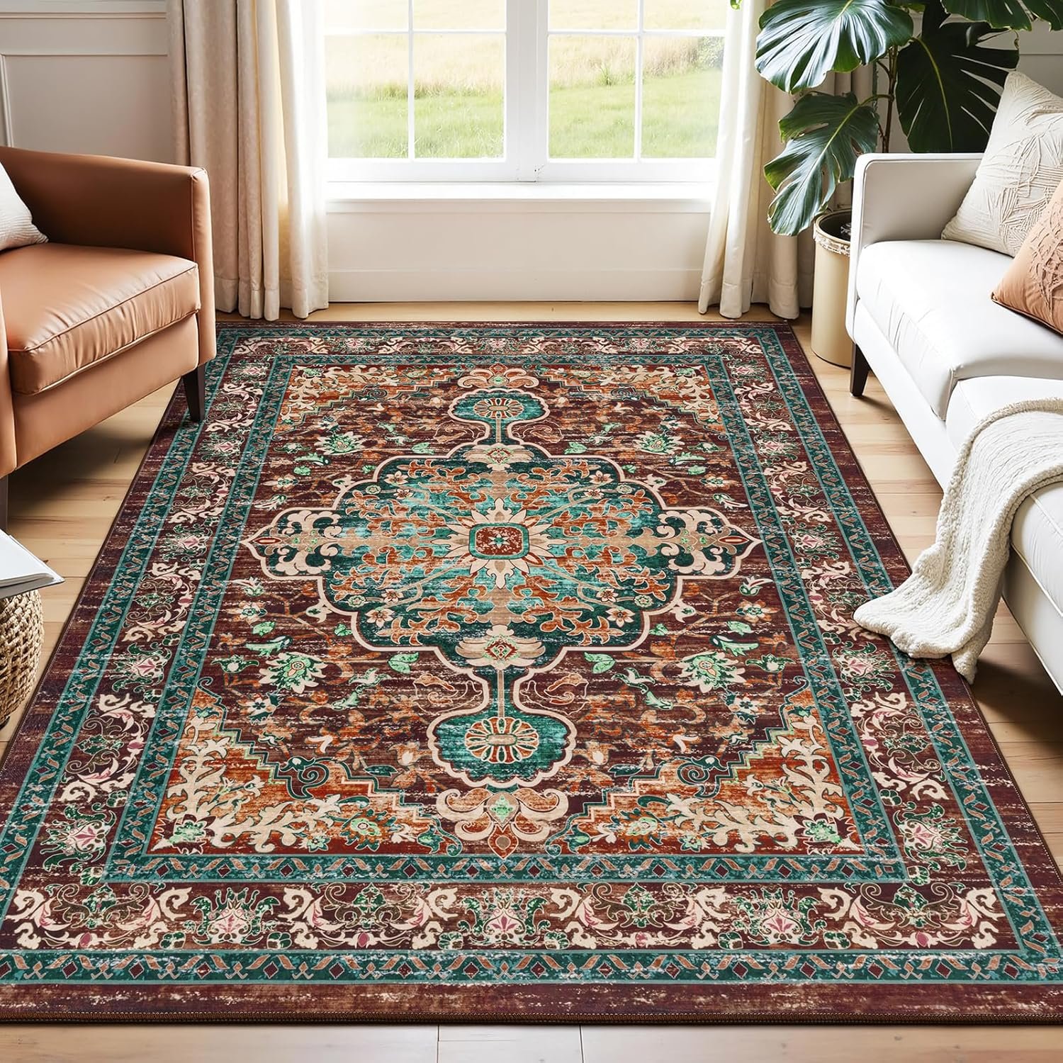 U’Artlines Boho Vintage Area Rug 5×7 Machine Washable Carpet, Rust＆Teal | Low Pile, Non Slip, Ultra-Thin Soft Floor Carpet, Accent Rug for Living Room Bedroom Entryway Dining Room Office