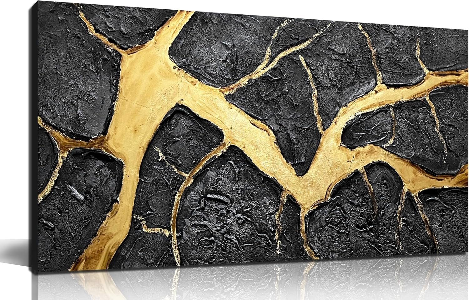DNIEOTU Abstract Wall Art for Living Room, Black and Gold Hand-Painted Canvas Wall-Decor for Bedroom, 3D Textured Paintings, Size 40 x 20 Inches