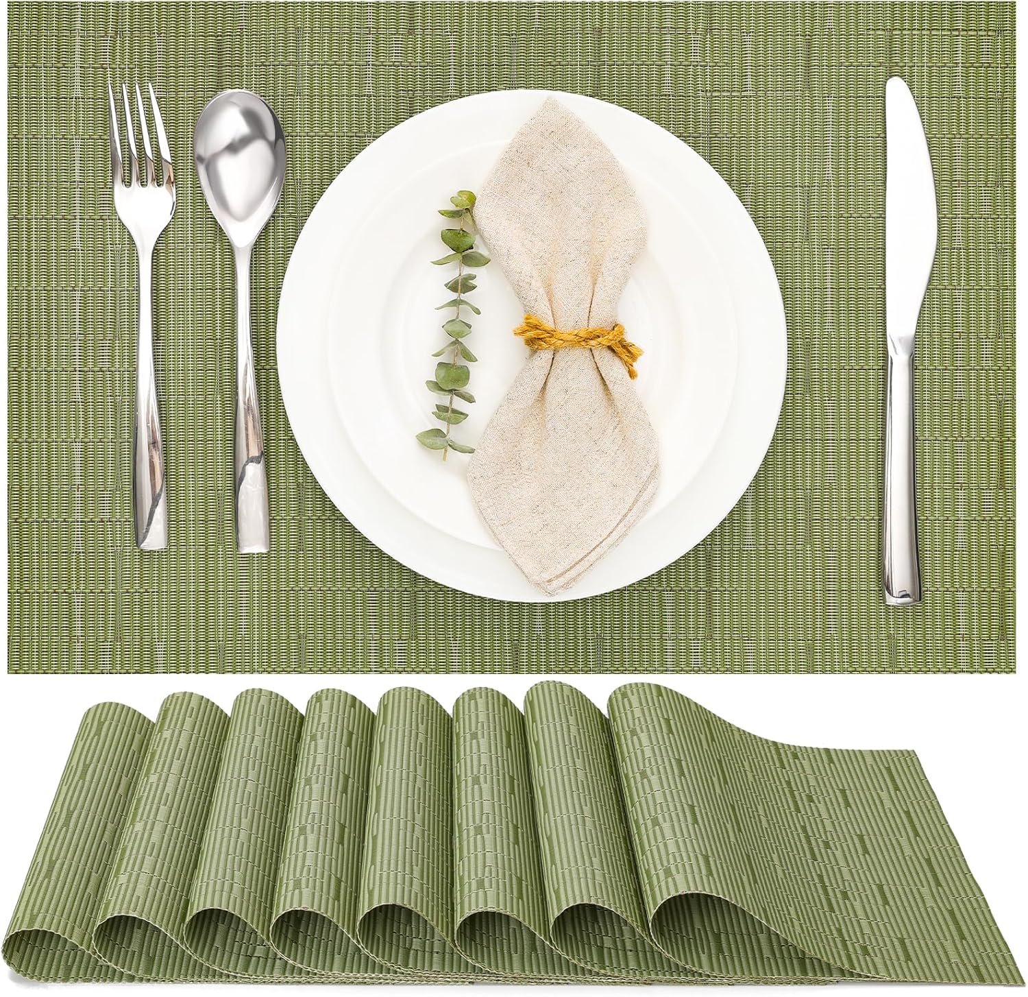 Myir JUN Placemats Set of 8 Kitchen and Dining Table Placemats | Vinyl Placemats Place Mats Indoor/Outdoor Set of 8 Washable Table Mats Non-Slip Place mats for Dining Table, Green
