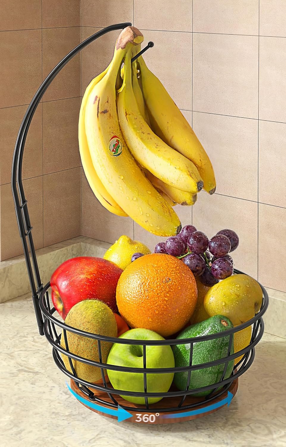 360° Rotating Fruit Bowl for Kitchen Counter with Banana Holder | Stable Metal Basket with Wooden Lazy Susan Base, Upgraded Banana Hanger Prevents Bruising, Ideal for Fruits, Bananas & Snacks