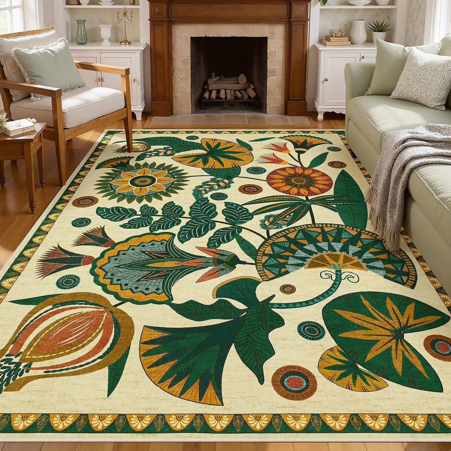 Joydeco Egypt Floral Boho 5×7 Area Rugs for Living Room, Washable Beige Area Rug for Bedroom Playroom Non Slip, Vintage Soft Indoor Carpet for Kitchen Dining Room Entryway Office