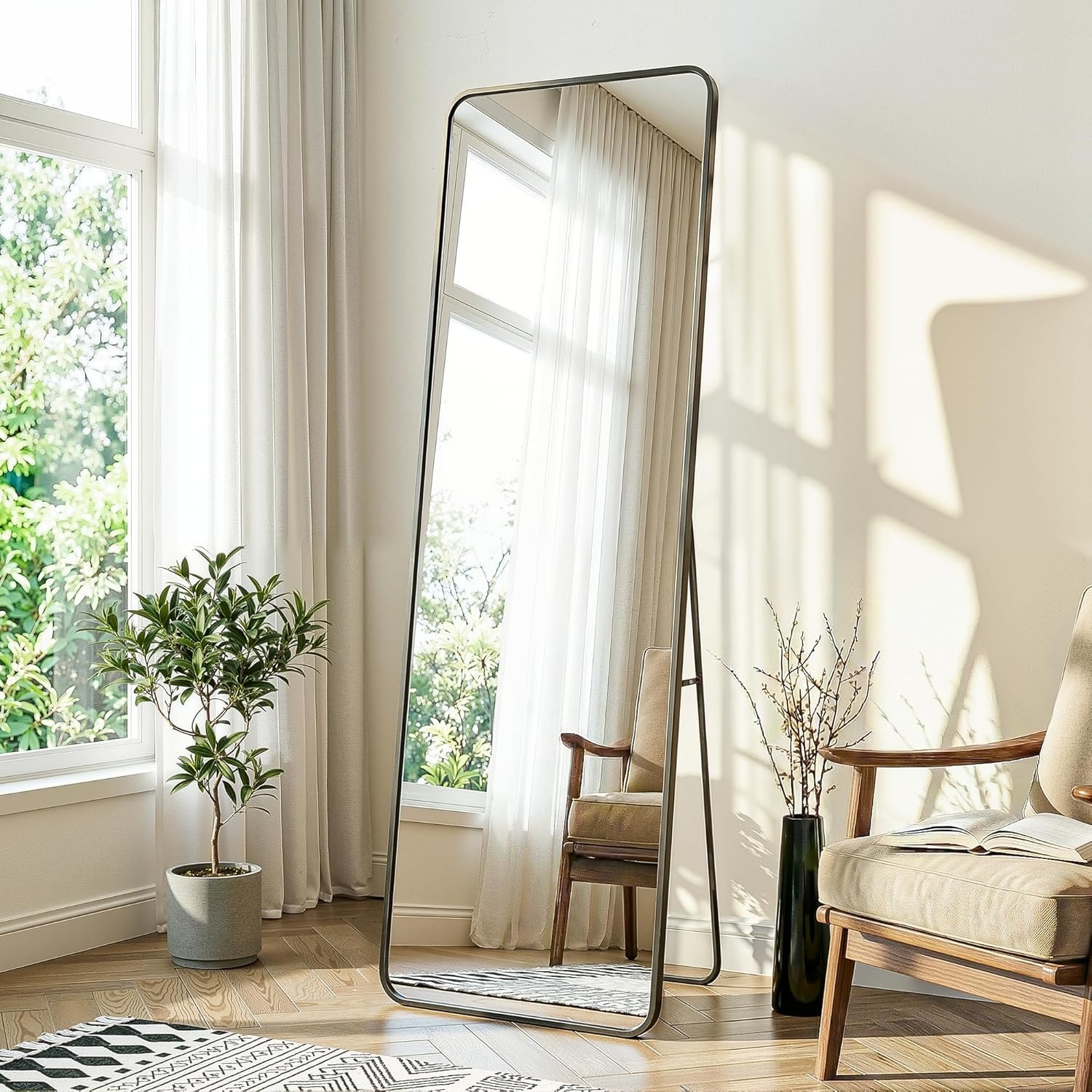 Delma Full Length Mirror, Black | Floor Standing Full Body, Wall Mounted, Freestanding or Leaning, Rounded Corners Rectangle Design