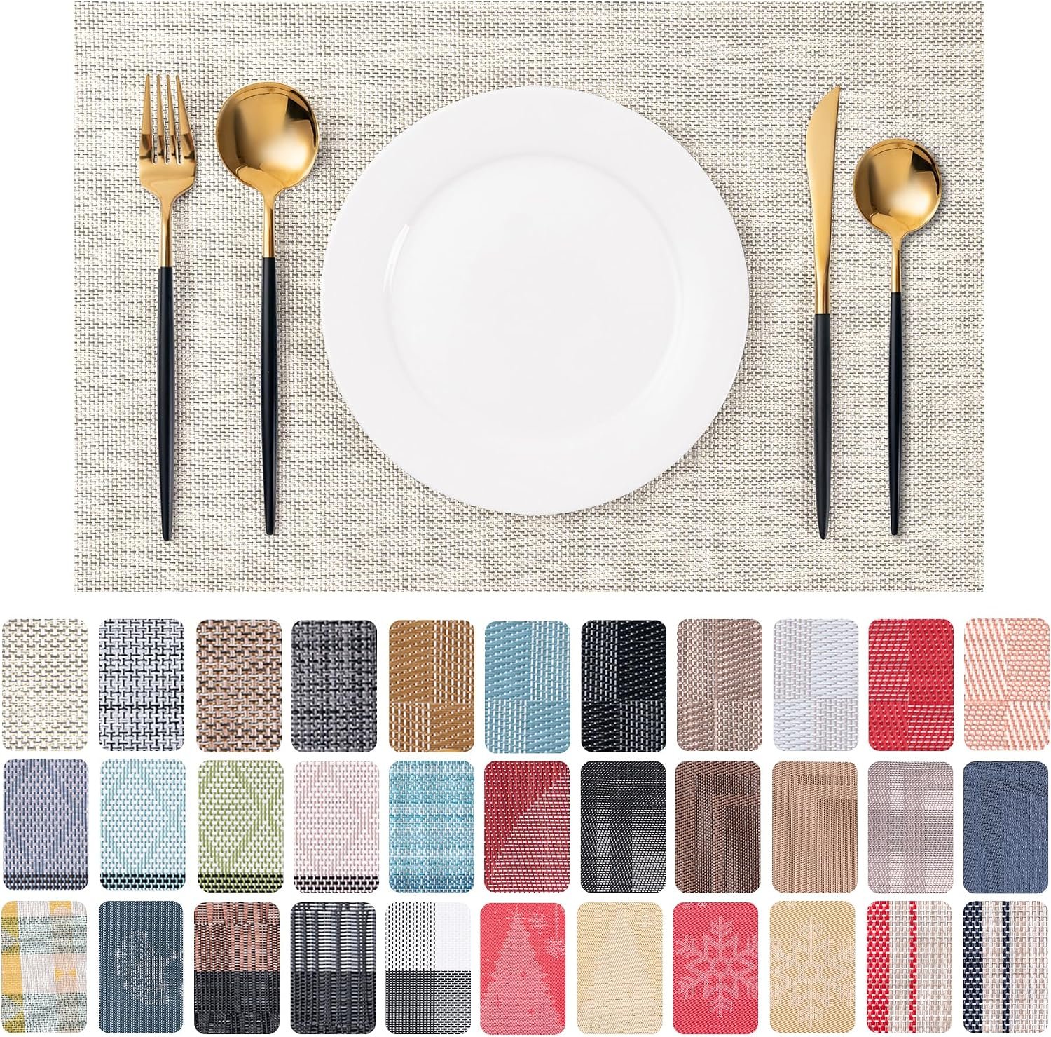 Placemats Set of 4 Washable Indoor(Beige) | Outdoor Vinyl Place Mats for Dining Table Durable Non-Slip Heat Resistant PVC Weave Table Mats