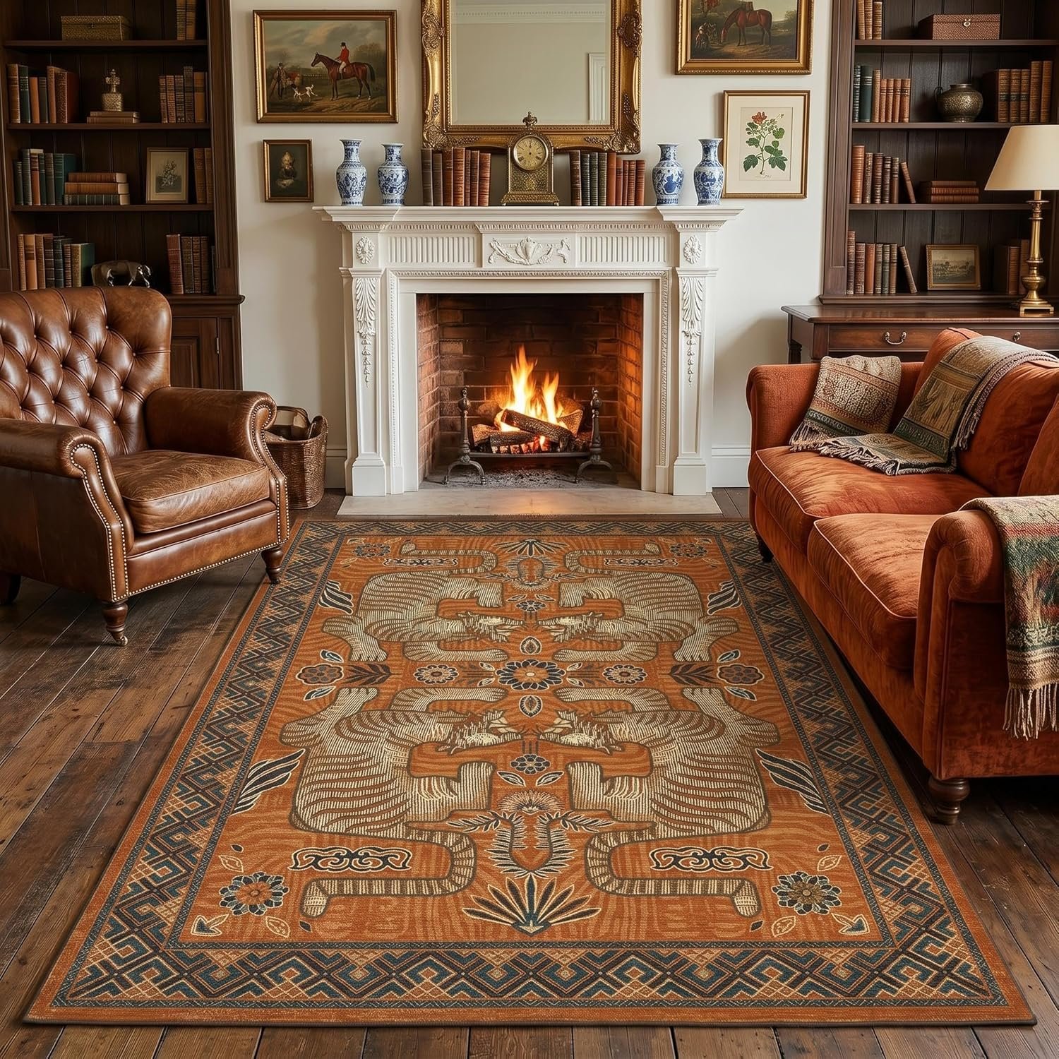 GarveeHome Tibetan Tiger 5×7 Area Rug Boho Washable Vintage Living Room | Non Slip Terracotta Rugs for Bedroom, Tribal Soft Animal Print Throw Rug Ultra Thin Stain Resistant Floor Carpet for Office