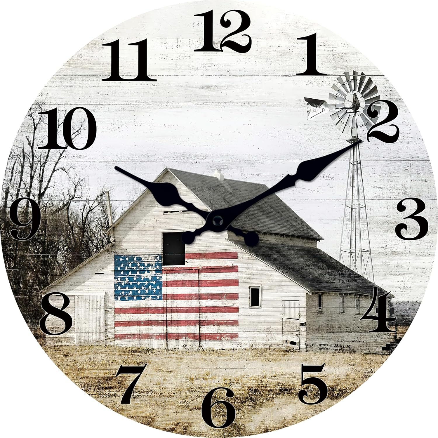 XFM Farmhouse Wall Clocks Battery Operated 12 Inch Silent Rustic Barn | Vintage Wooden Country Round Analog Clock American Flag Decorative for Kitchen Bedroom Living Room Non-Ticking