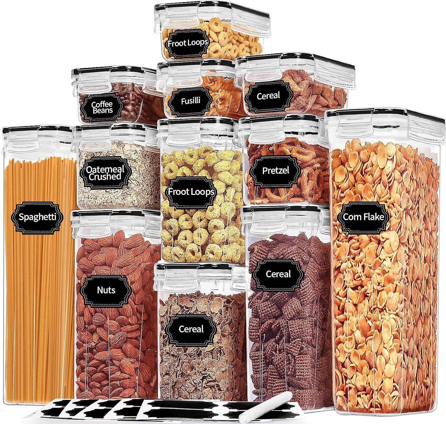 PRAKI Airtight Food Storage Containers with Lids, 12PCS Plastic Kitchen Storage Containers for Pantry Organizers and Storage – Cereal, Rice, Flour and Sugar Containers with Labels & Marker
