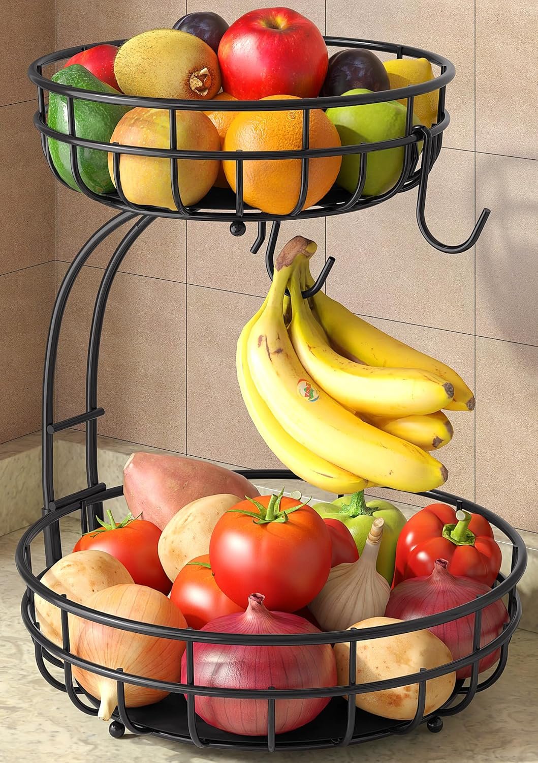 2 Tier Modern Fruit Basket for Kitchen Counter with 2 Banana Hook | Space-Saving Vertical Storage for Veggies, Bread, Snacks, Fits Under Cabinets, Includes Protective Mats to Prevent Bruising