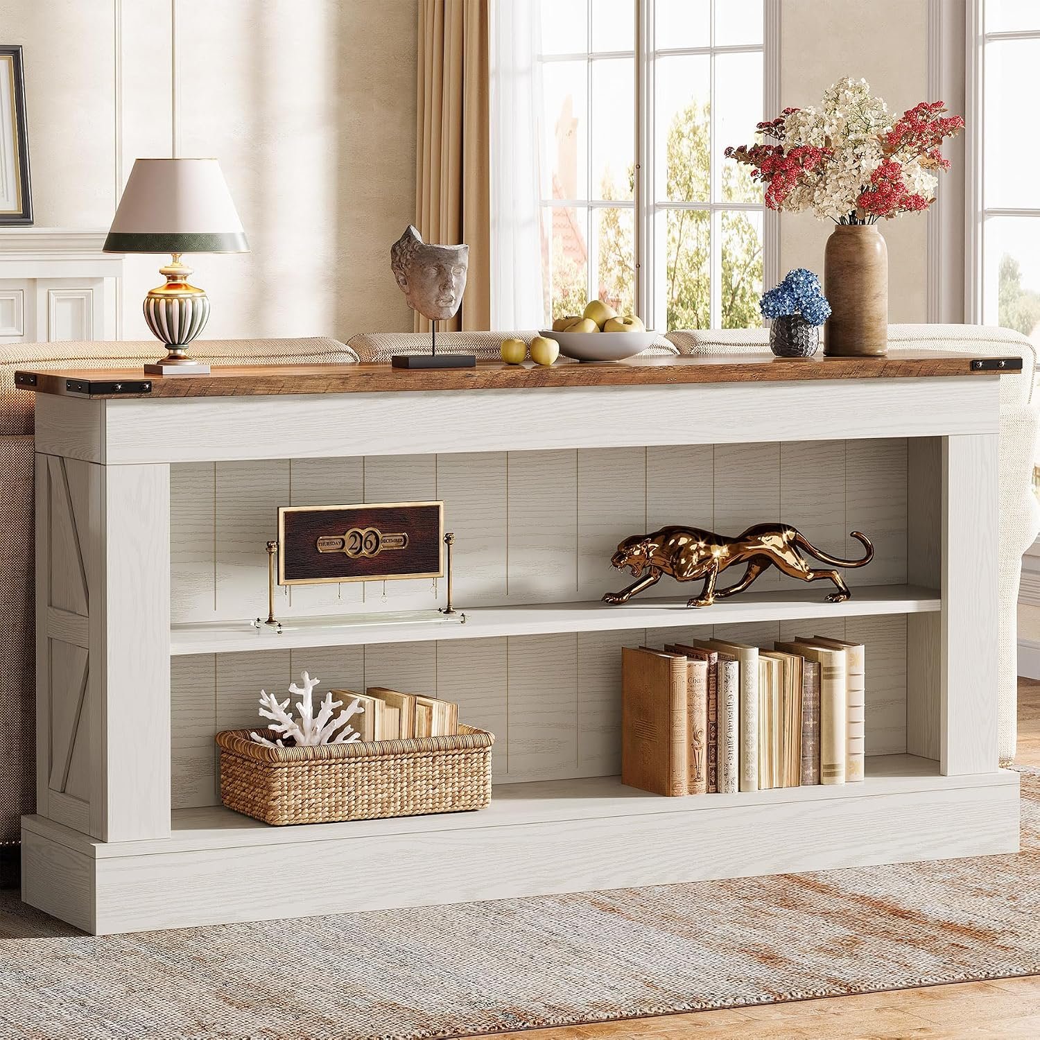 Tribesigns 63″ Console Table, 3-Tier Entryway Table with Storage Shelves | Farmhouse Sofa Table, Engineered Wood, 300 lb Capacity, Long Console Table for Living Room, Foyer, Hallway, White and Brown