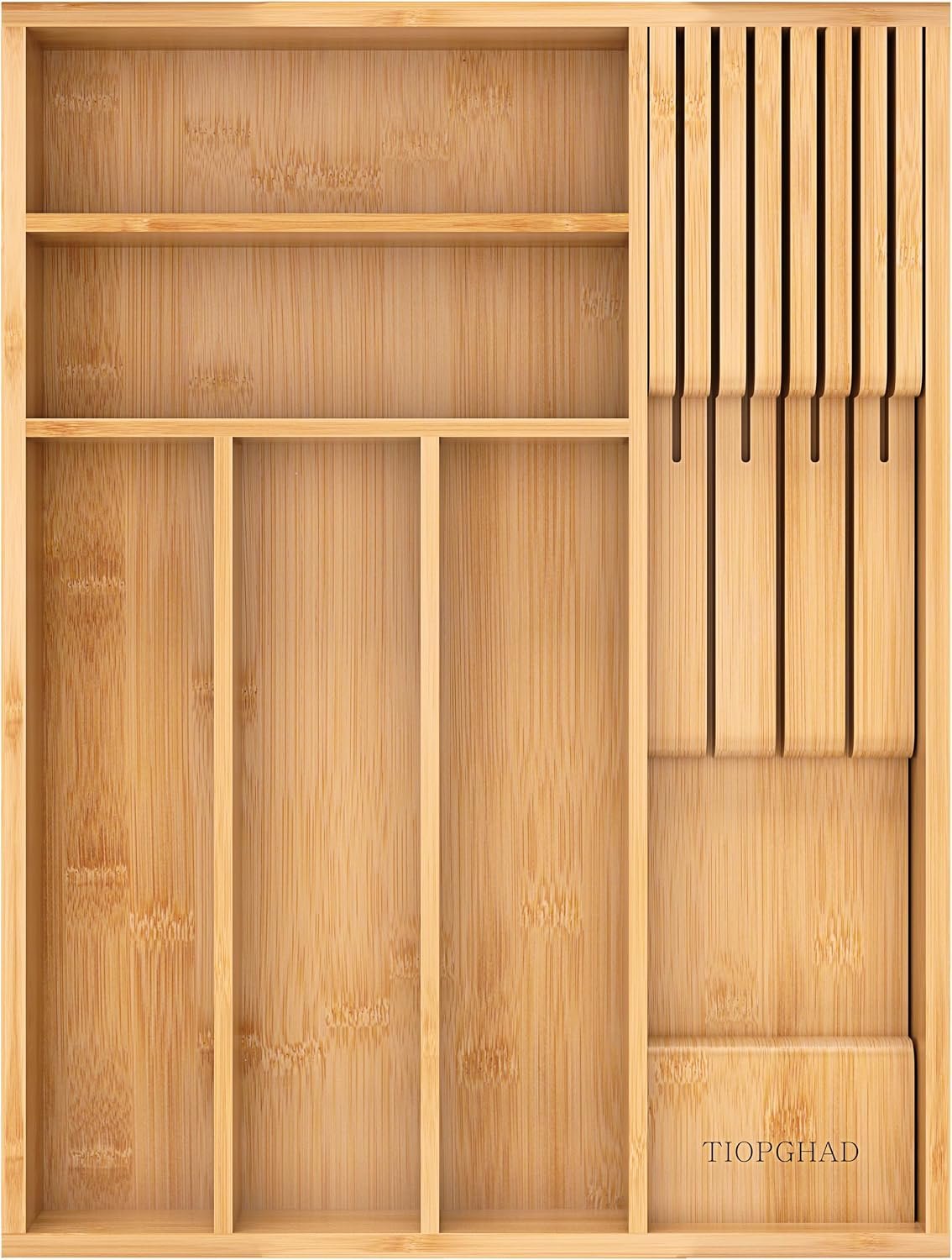 TIOPGHAD Small Bamboo Silverware Organizer Kitchen Utensil Tray, Natural | Removable Knife Block, Holds 7 Knives, Adjustable Dividers, 15.6 x 12 x 1.8 in, Drawer Insert for Utensils, Forks