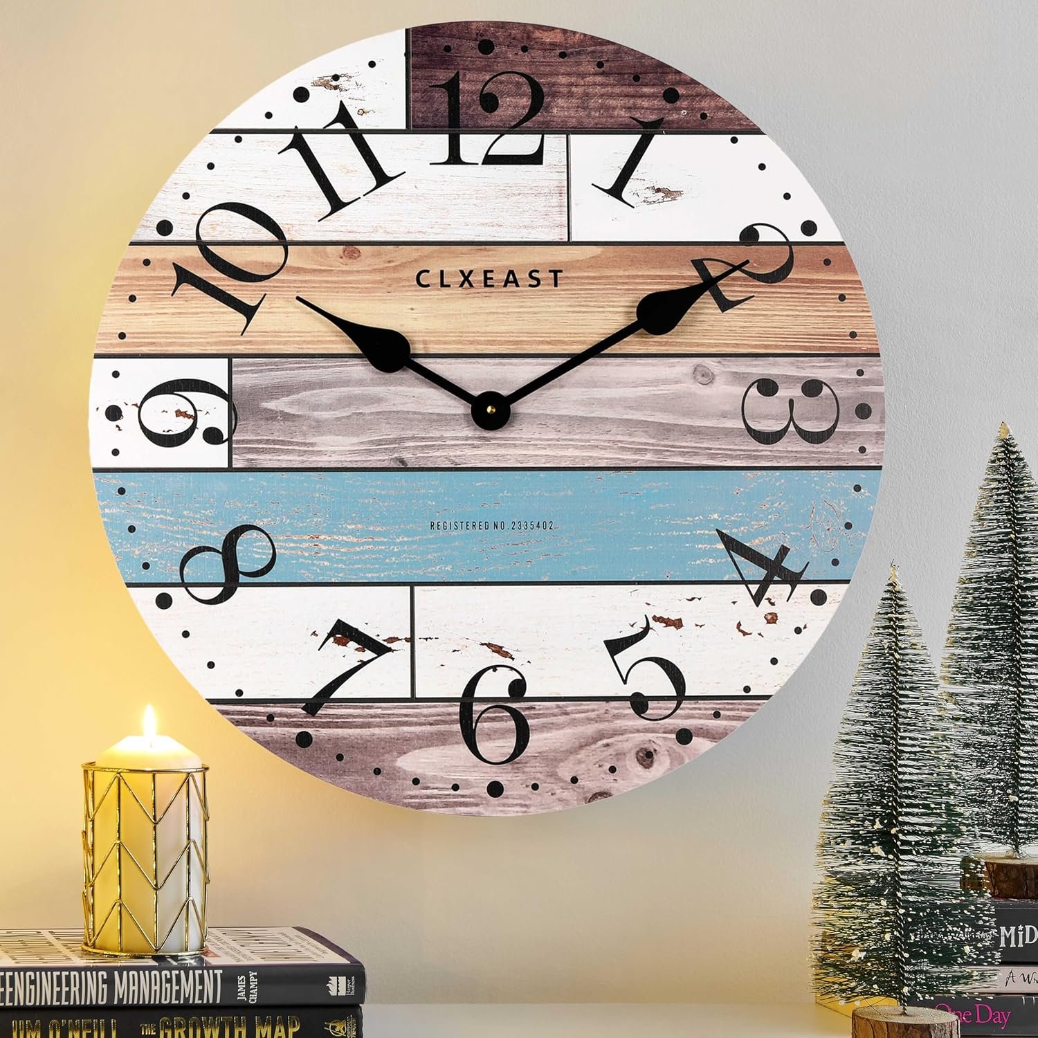 CLXEAST 24 Inch Coastal Farmhouse Wall Clocks for Living Room Decor | Silent Non Ticking, Battery Operated, Multicolor Nautical Shiplap Wall Clock Decorative