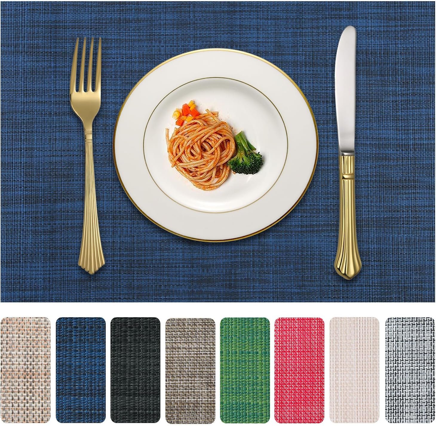 Vinyl Placemats Set of 4, PVC Woven Washable Non-Slip Table Mats, Heat Resistant Wrinkle Free Place Mats for Dining Table, Easy to Clean (4, Navy Blue)