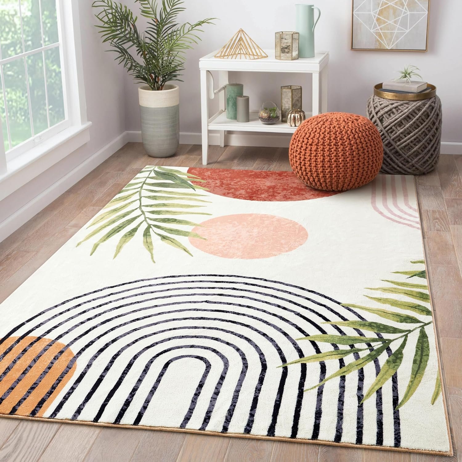 RoomTalks Mid Century Modern Washable Rug, Boho Cute Aesthetic 5×7 Area Rugs for Bedroom Dining Living Room Kitchen, Abstract Tropical Leaves Non Slip Thin Indoor Entryway Rug Accent Floor Carpet