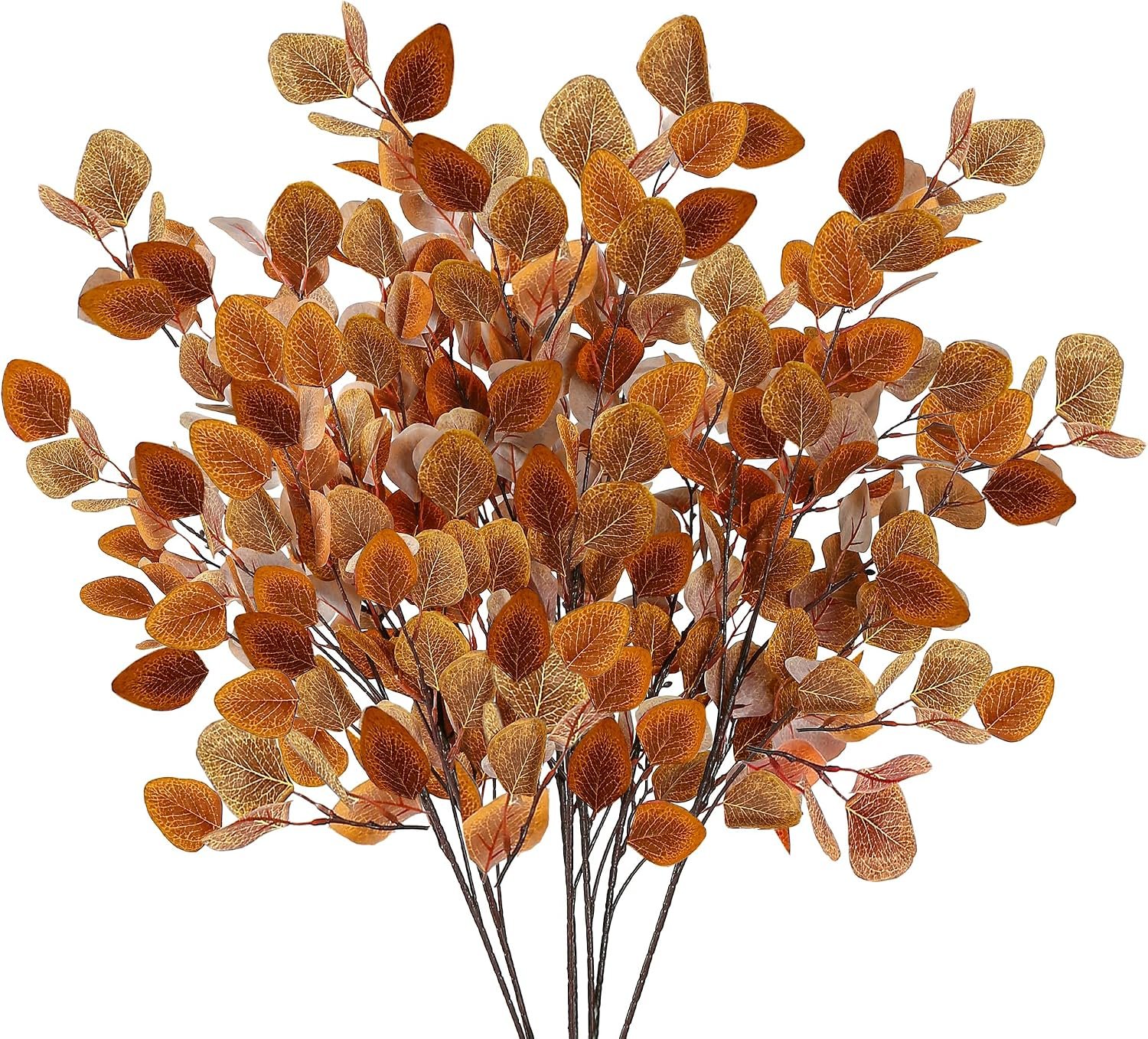Sggvecsy 6 Pcs Fall Eucalyptus Leaves Artificial Eucalyptus Stems Long Silver Dollar Leaves Autumn Leaf Branches Fake Silk Eucalyptus for Indoor Home Autumn Thanksgiving Decor (Mixed Fall Color)