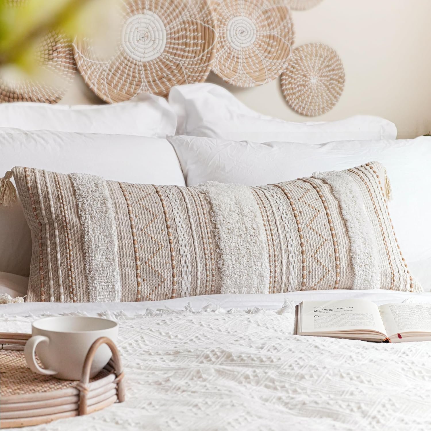 BlissBlush 14×36 Lumbar Pillow Cover for Bed, Rectangular Long Decorative Throw Pillowcase, Boho Accent Cushion with Tufted Pattern and Tassels, Cream Beige Neutral (Cover Only)