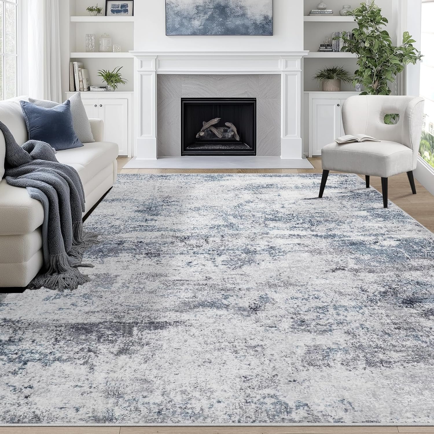 9×12 Area Rugs for Living Room Washable Bedroom Dining Room Blue Grey | Modern Abstract, Non-Slip Backing, Soft, Low-Pile, Foldable, Water Repellent, Pet Proof, Non-Shedding, Indoor
