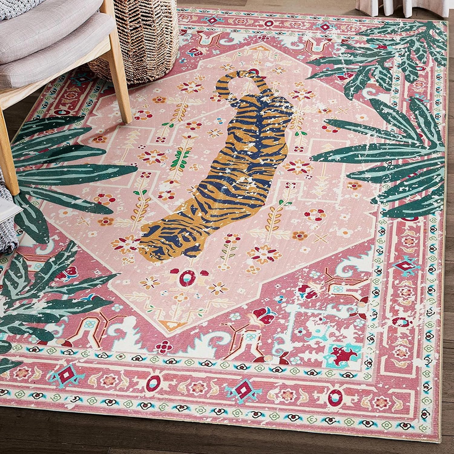 Washable Hippie Rugs Boho Vintage Tropical Jungle 4×6 Area Rugs Accent Oriental Carpet for Bedroom Kitchen Dining Living Room Modern Indoor Entry Entrance Tribal Floor Rug