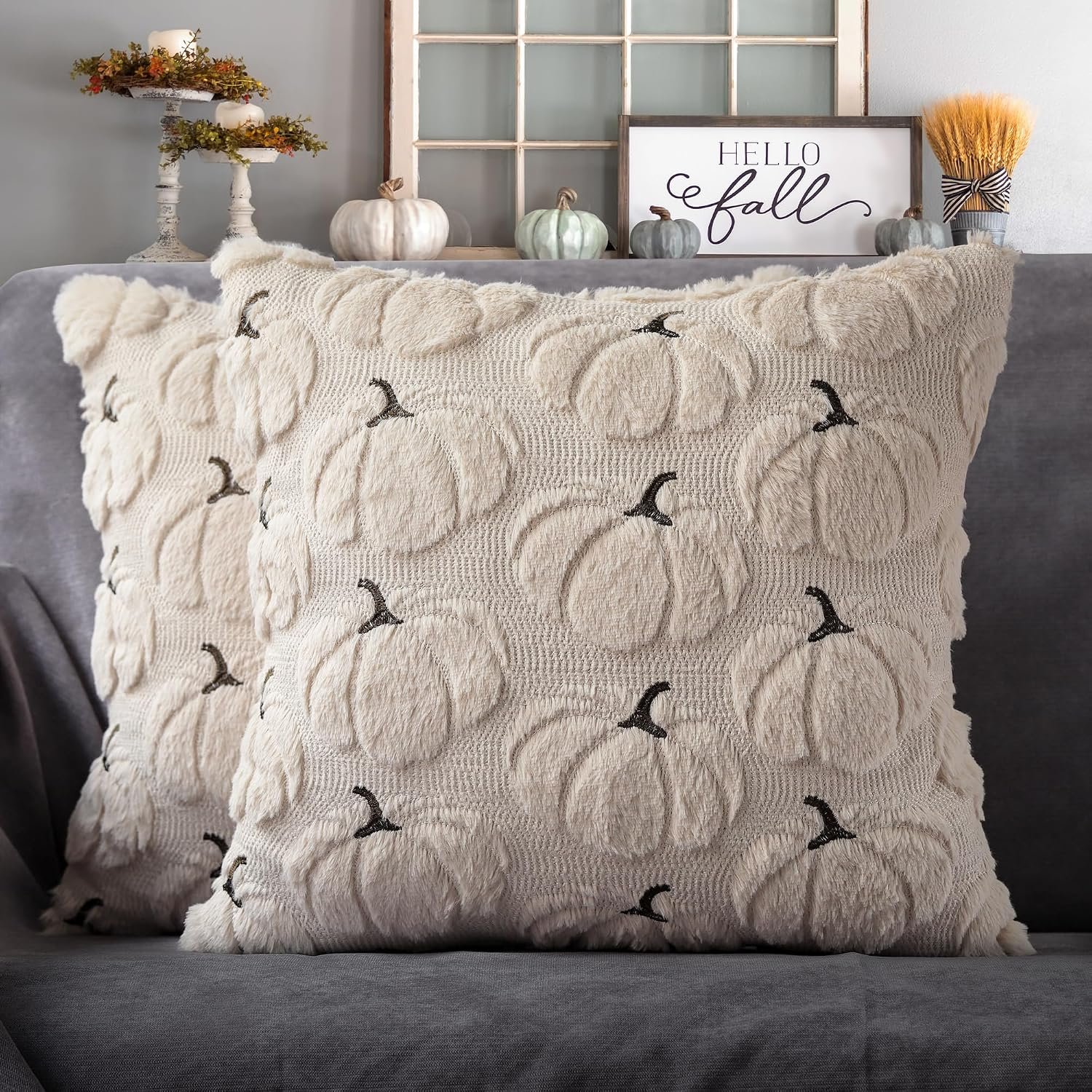 4TH Emotion Fall Pumpkins Decorative Pillow Covers 18″x18″ Set of 2, Beige Soft Plush Faux Fur Throw Cushion Cases for Autumn Thanksgiving Holiday Home Decorations