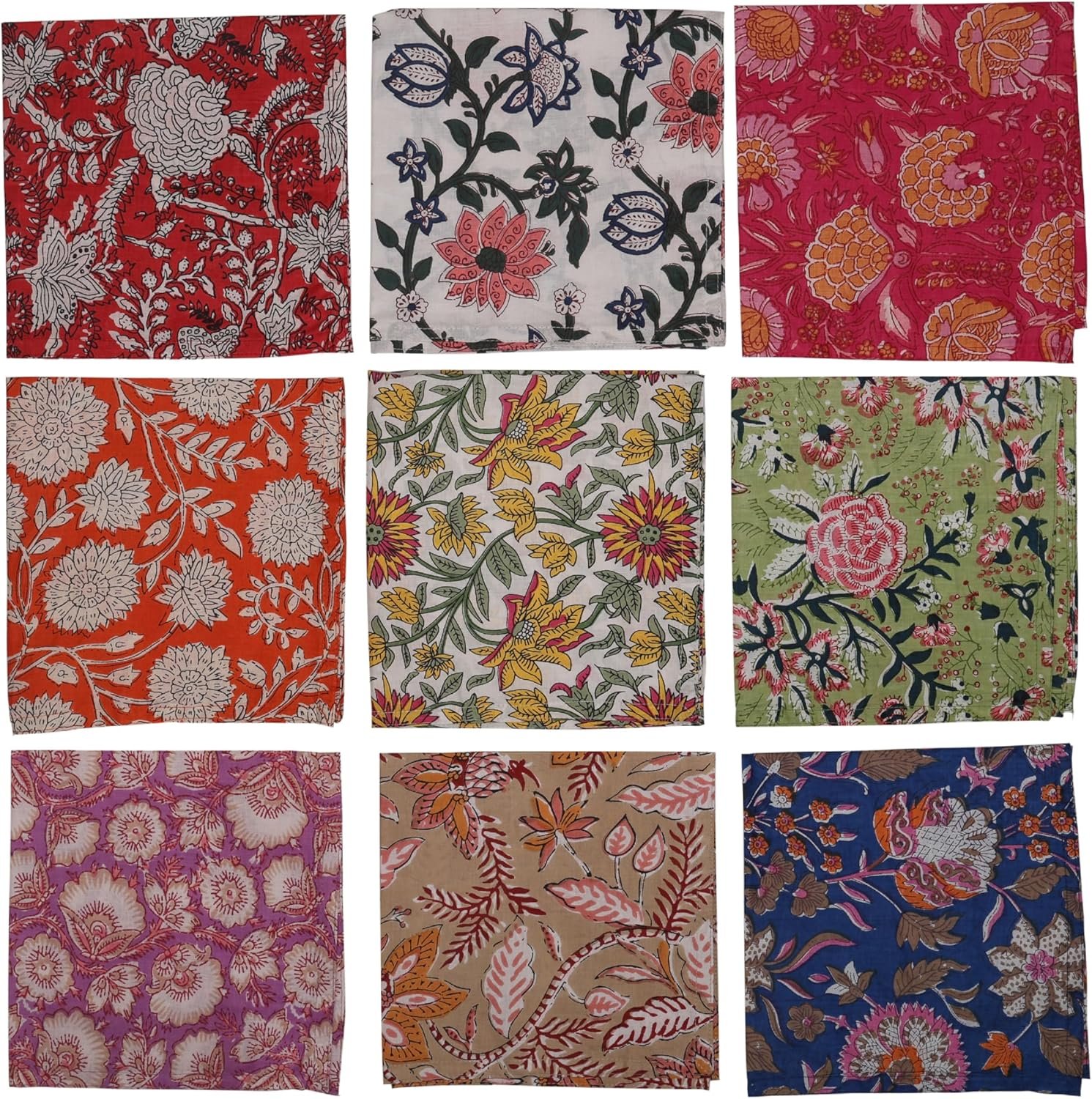 Marubhumi 10 Pc Cotton Cloth Napkins- Hand Block Print, Eco-Friendly, Dinner Napkins, Floral,Hand Made Size 16×16 Inch Printed Home Decor Multicolored