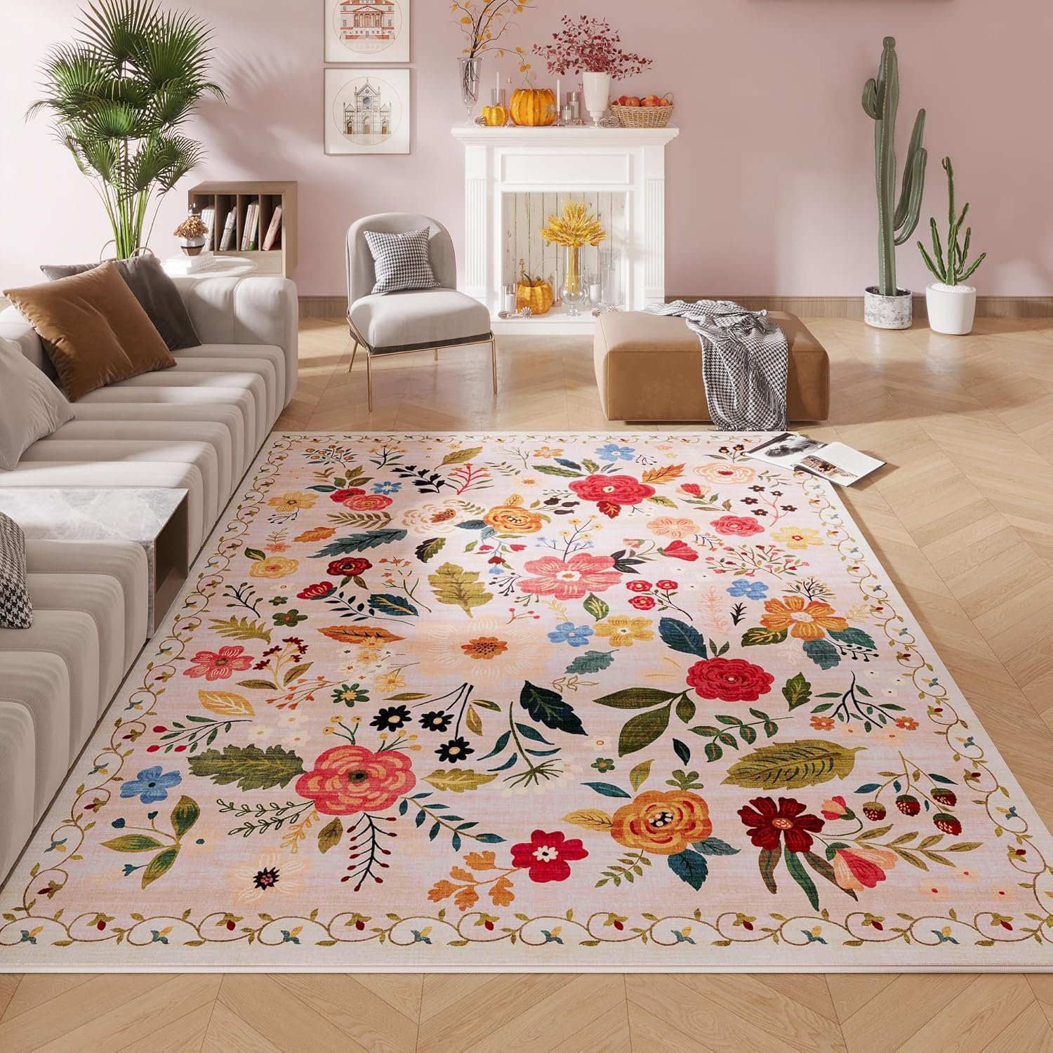 Rugcomf Living Room Rug 5×7 Rug Machine Washable Boho Area Rug Non Slip Floral Vintage Low Pile Large Rugs for Living Room, Bedroom, Farmhouse, Dining Room, Kids Playroom(Beige)