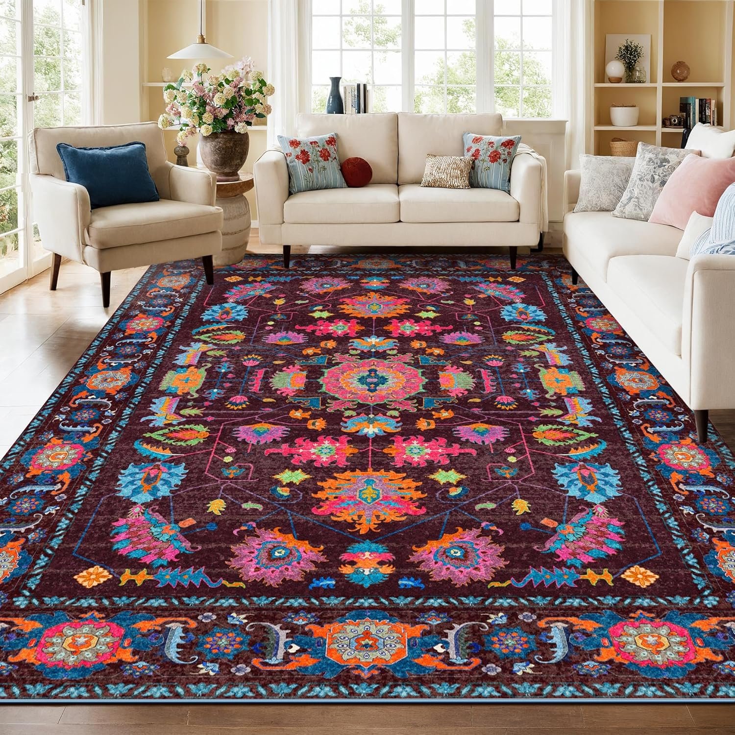Kokia 8×10 Burgundy Living Room Area Rug Washable Non Slip Oushak Vintage | Bold Color Stain Resistant Soft Low Pile Oriental Floral Print Purple Pink Orange Carpet Bedroom Dining Room Kitchen Nursery